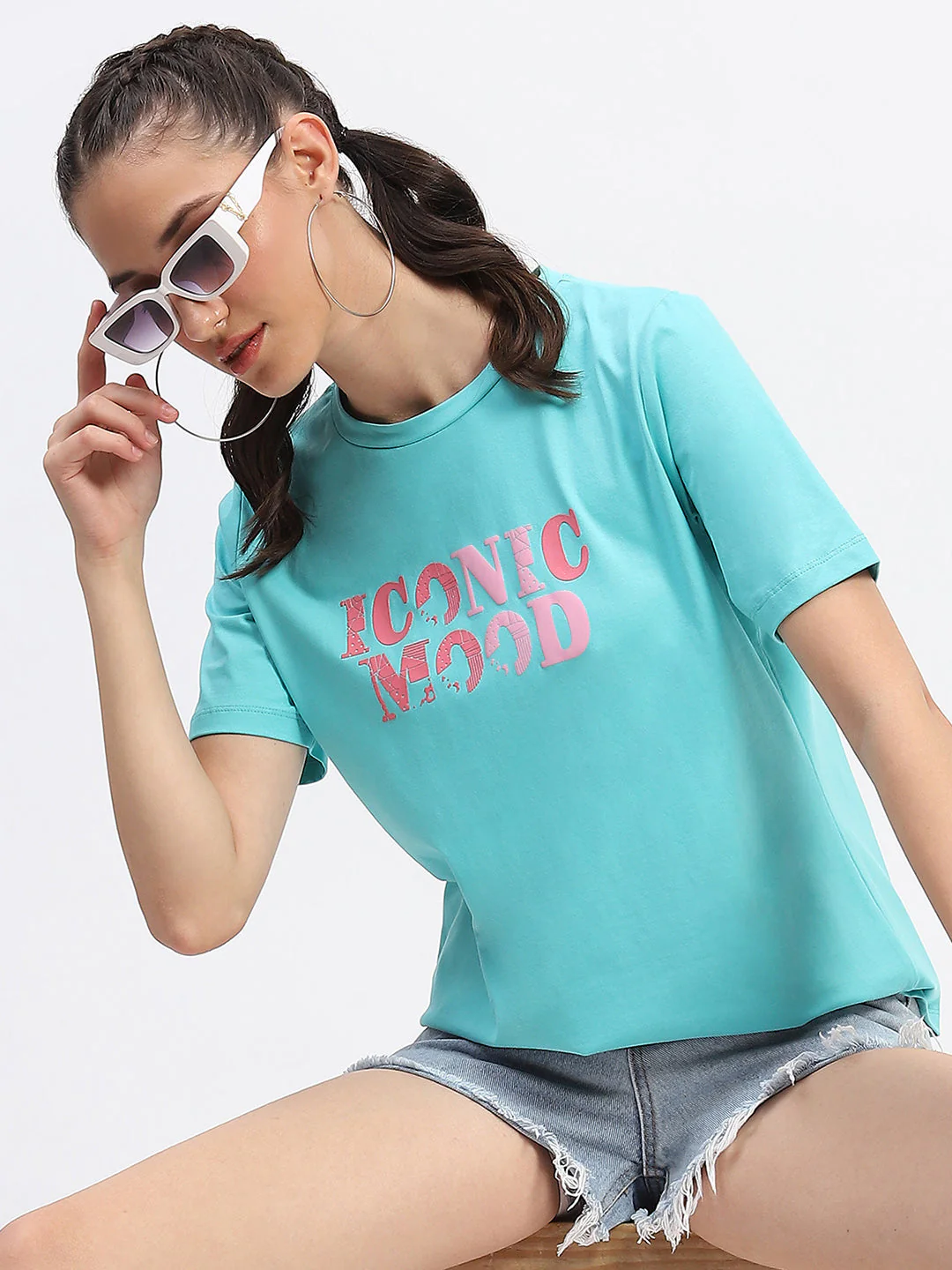 Madame Typography Detailing Cotton Aqua Top - Image 2