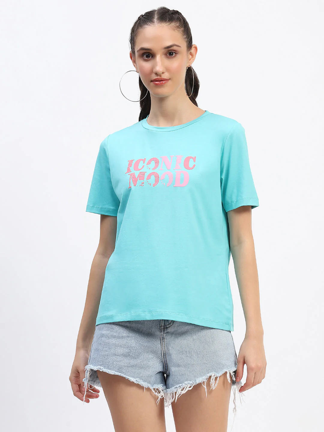 Madame Typography Detailing Cotton Aqua Top - Image 3