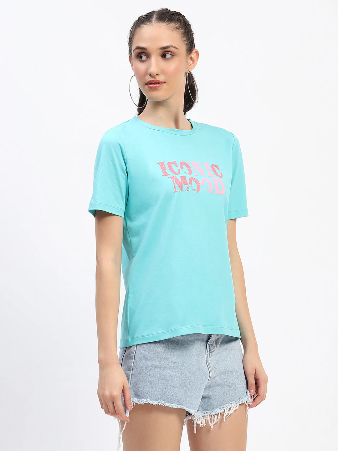 Madame Typography Detailing Cotton Aqua Top - Image 4