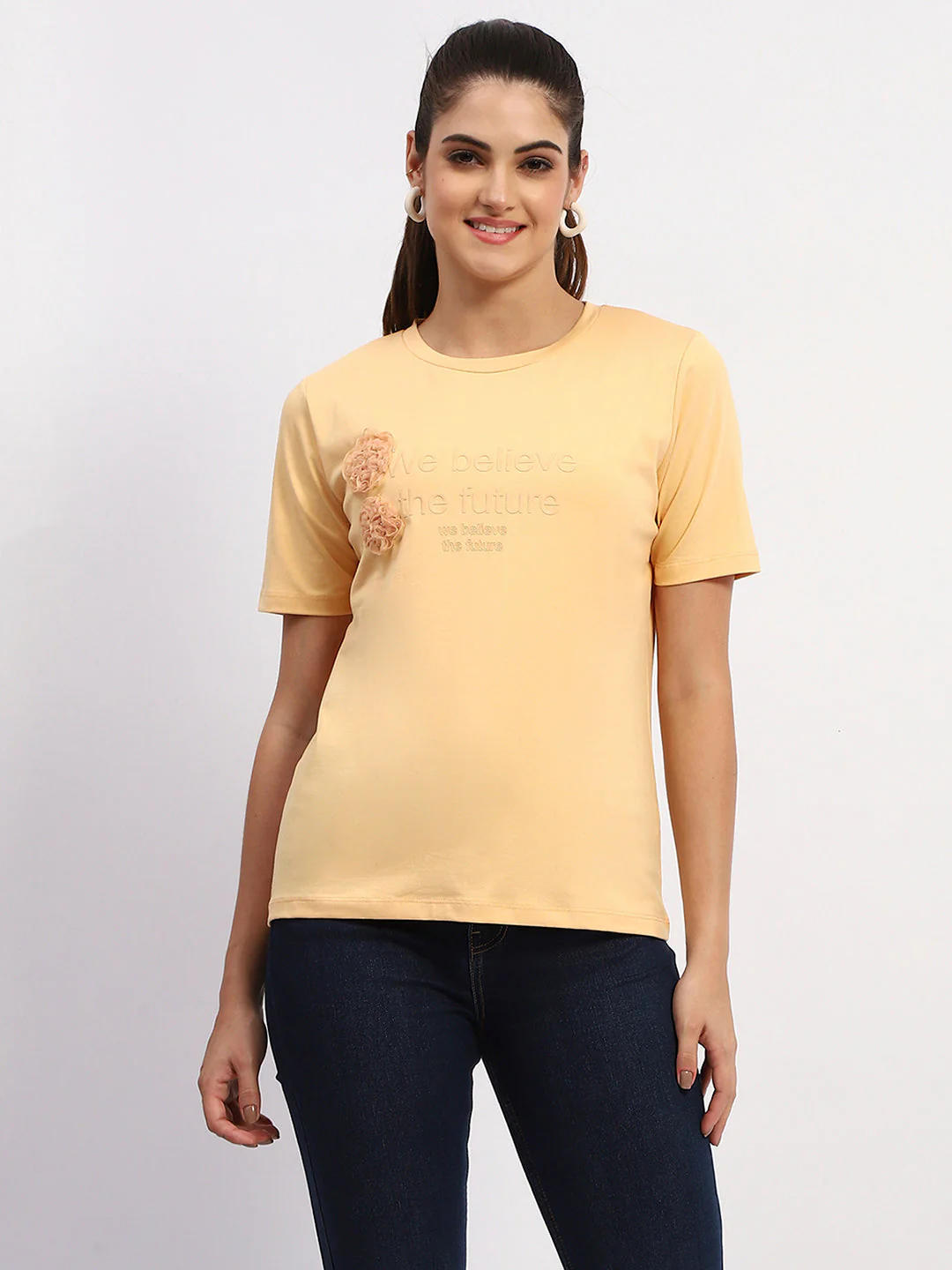 Madame Sinker Handworked Graphic Print Round Neck Light Orange Top - Image 2