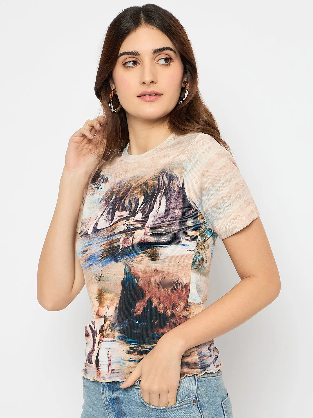 Madame Abstract Print Crew Neck Beige Top - Image 5