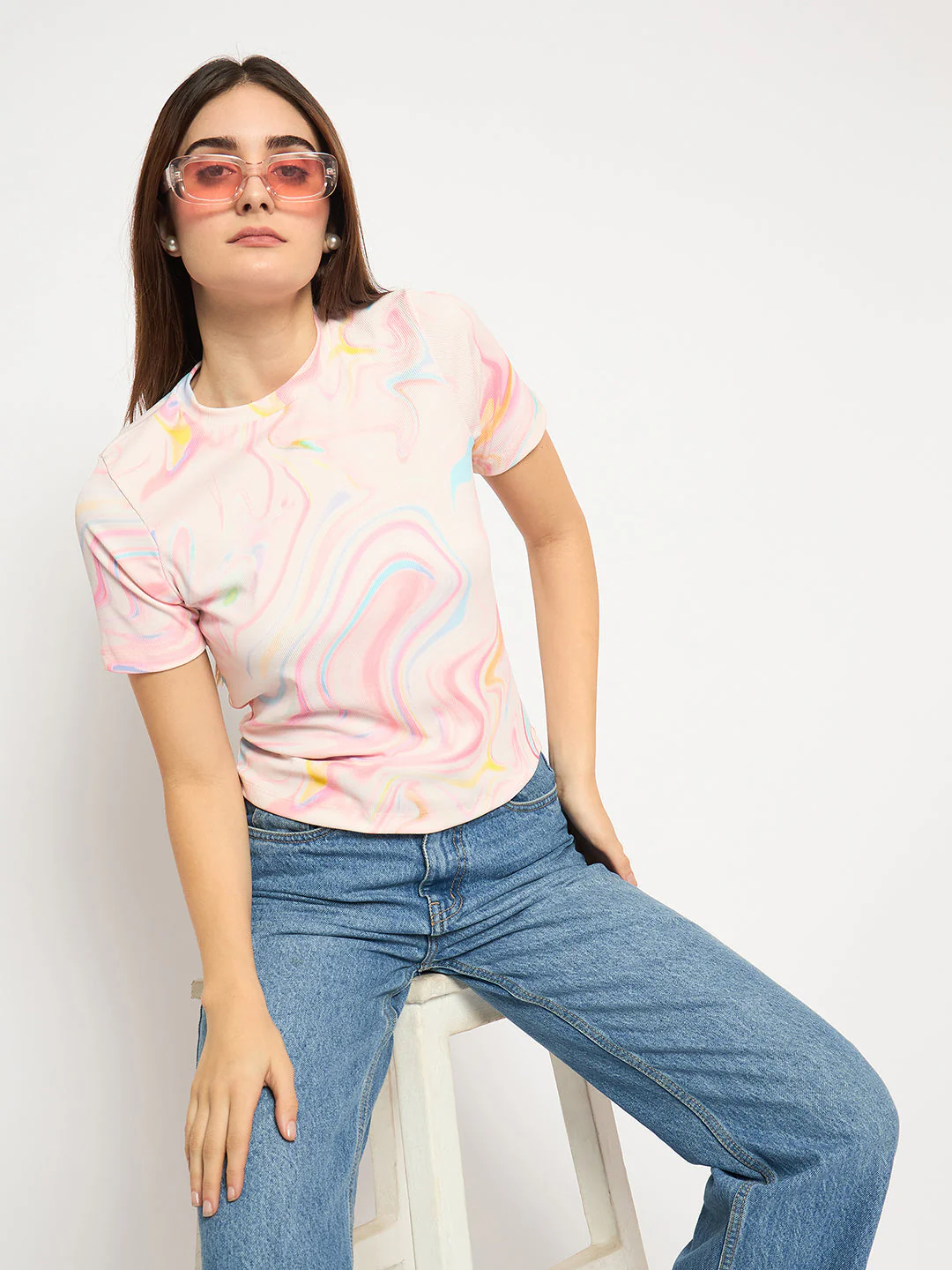 Madame Marble Print Crew Neck White Top - Image 2