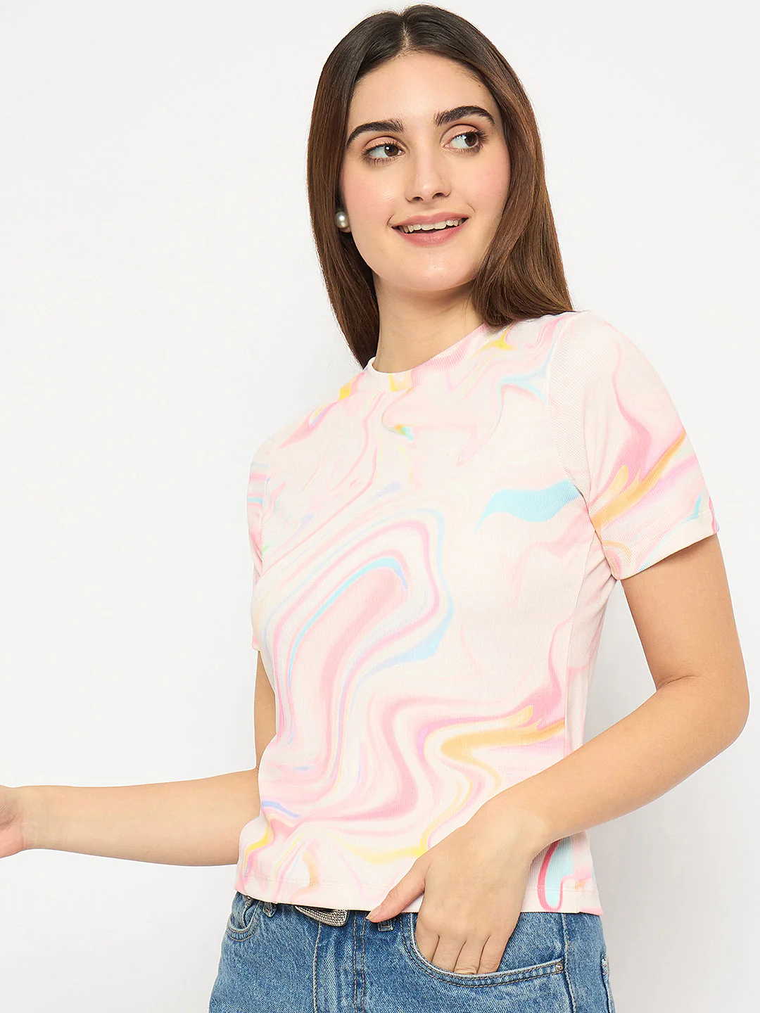 Madame Marble Print Crew Neck White Top - Image 5