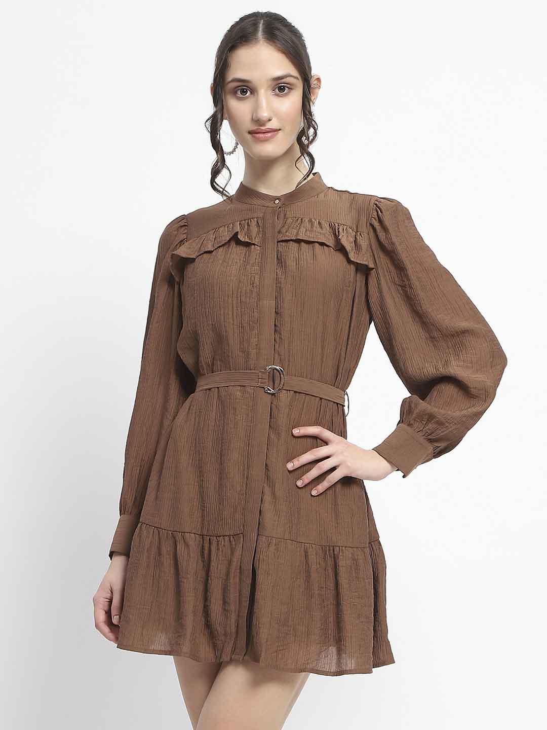 Madame Buckle Detailed Solid Chocolate Brown Shirt Dress - Image 2