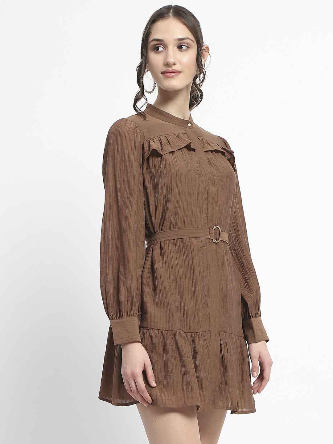 Madame Buckle Detailed Solid Chocolate Brown Shirt Dress - Image 3