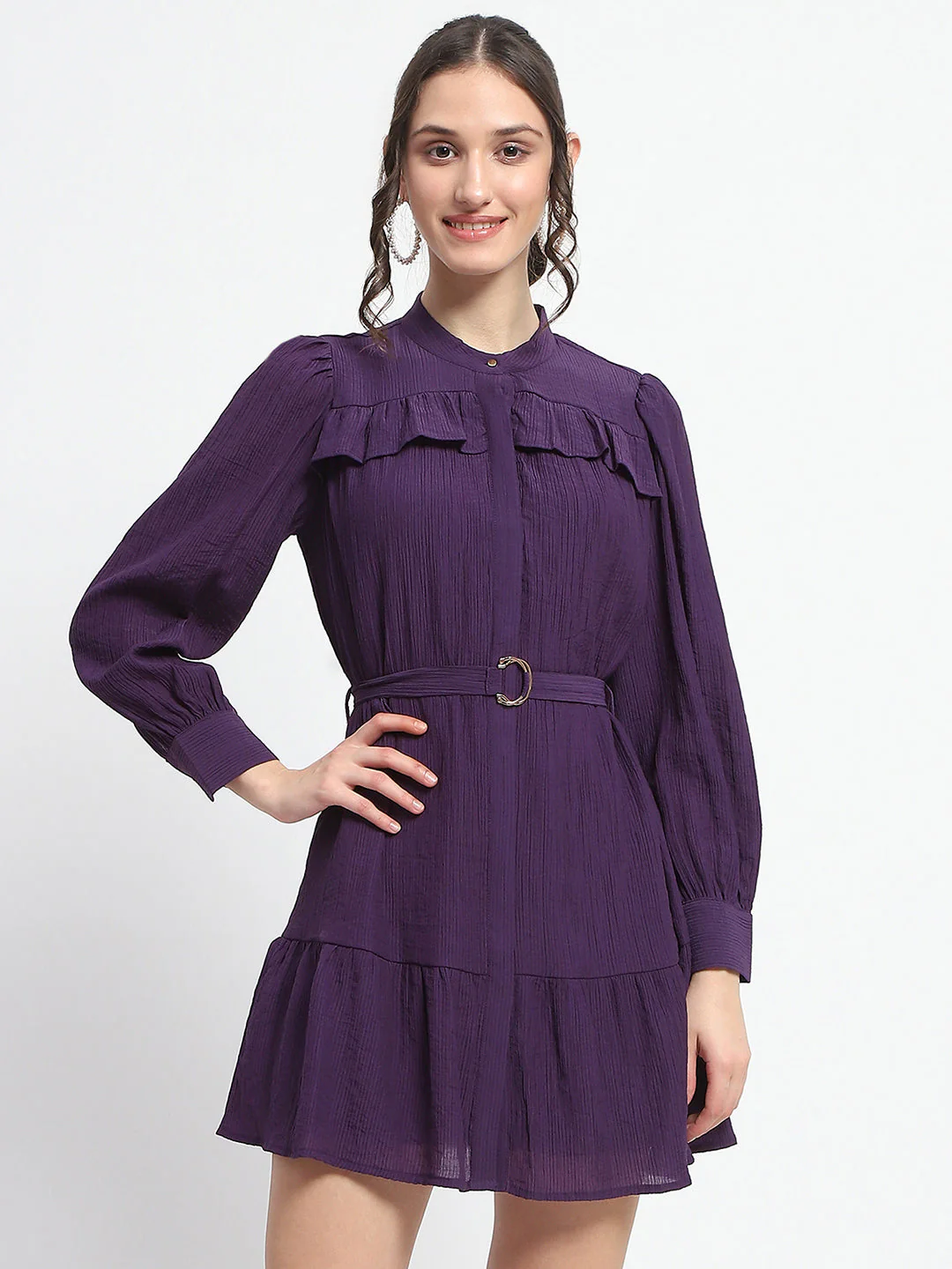 Madame Buckle Detailed Solid Purple Shirt Dress For Women - Image 3