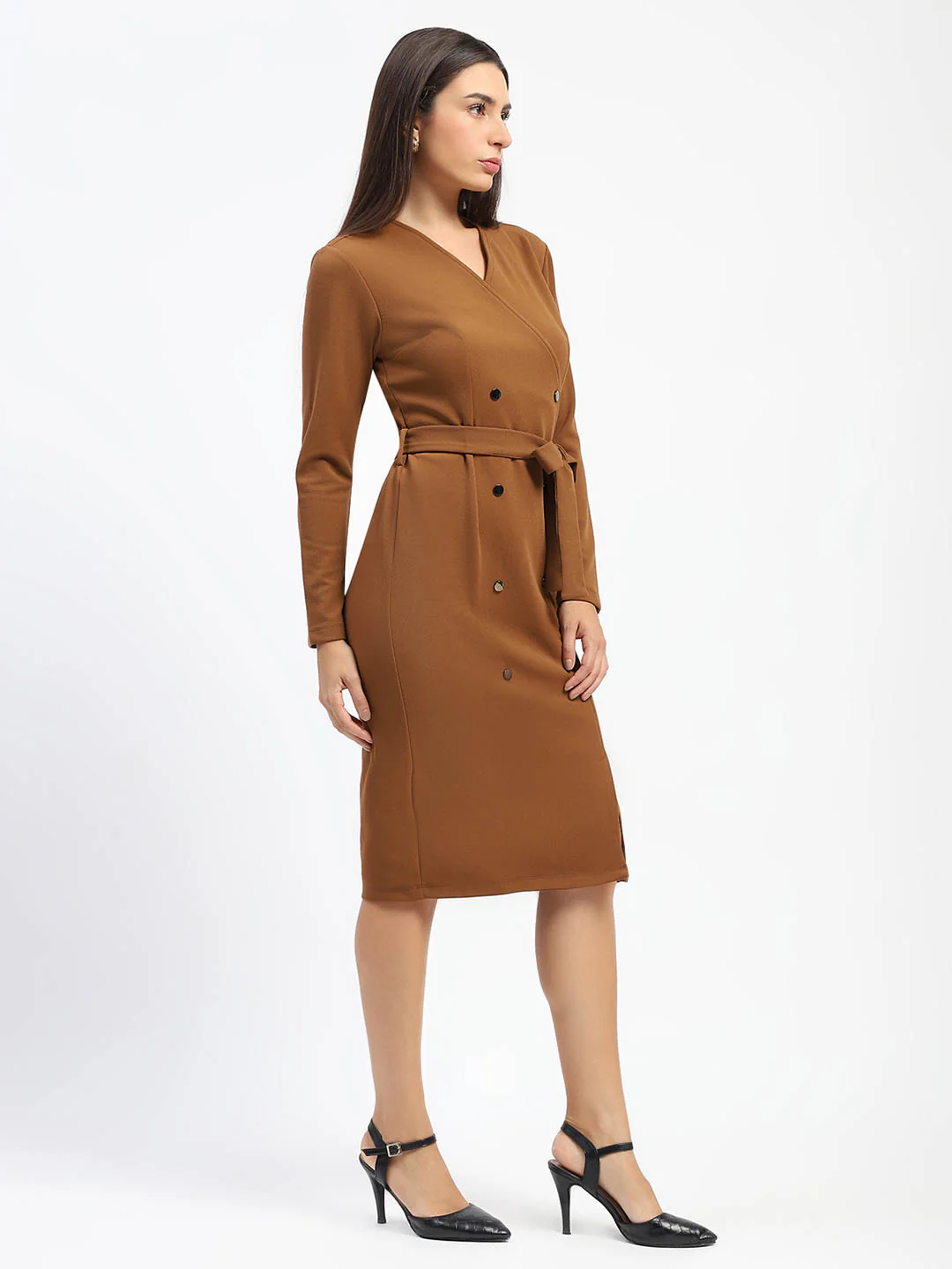 Madame Belted Buttoned Brown Dress - Image 3
