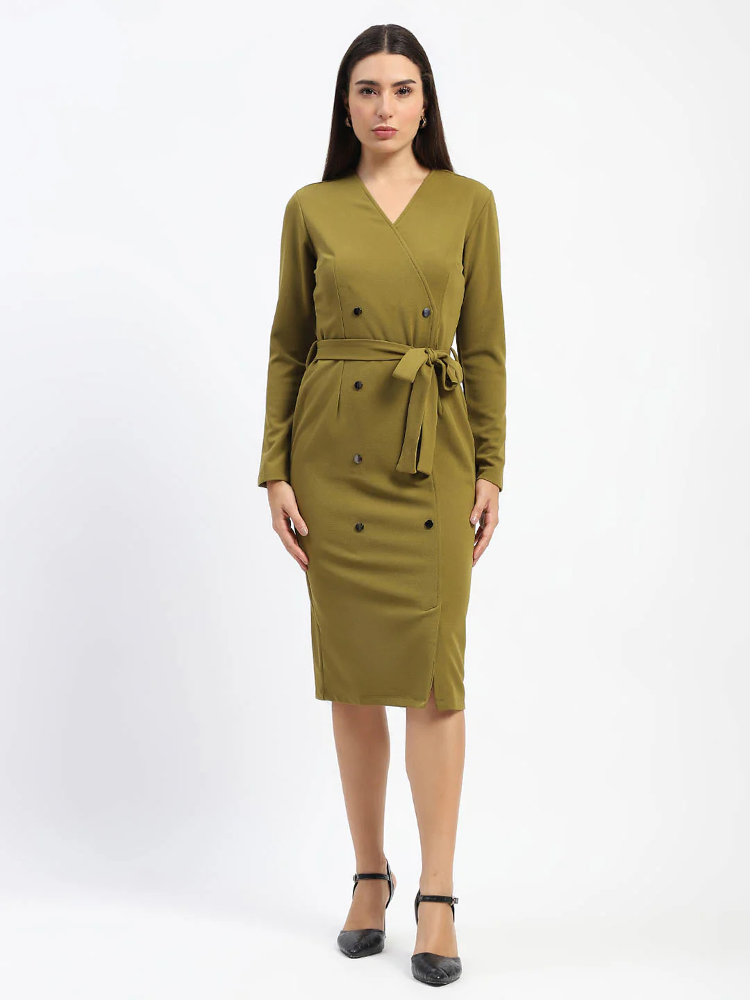 Madame Belted Buttoned Green Dress - Image 3