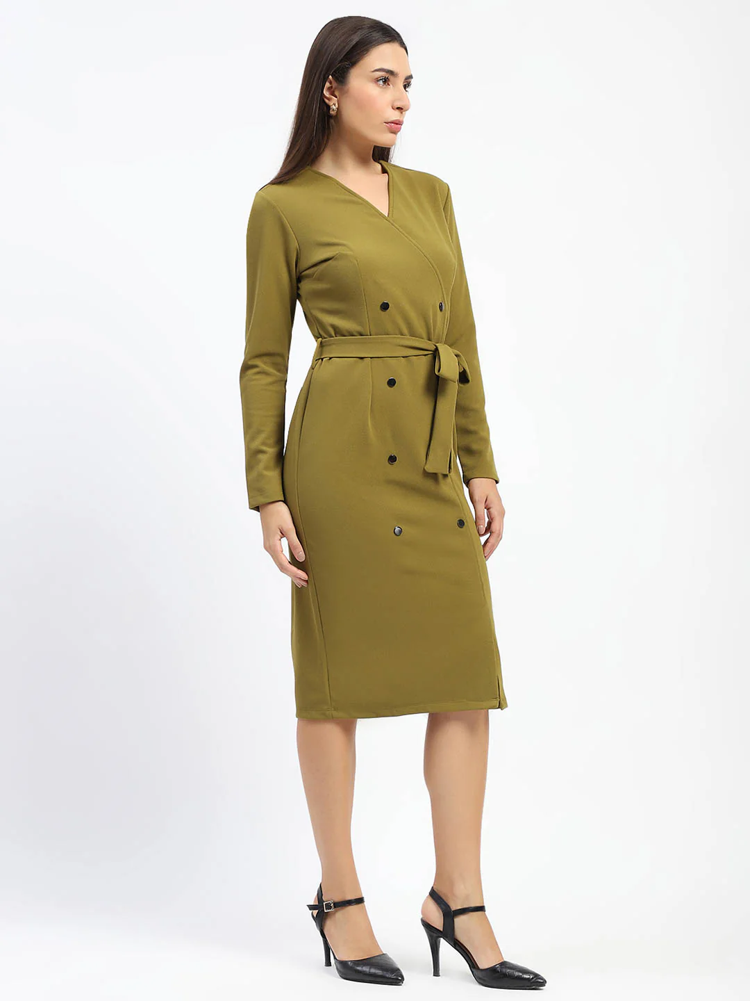 Madame Belted Buttoned Green Dress - Image 4