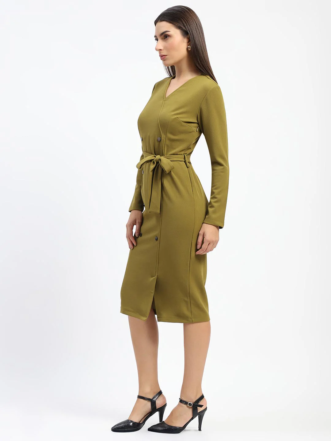 Madame Belted Buttoned Green Dress - Image 5