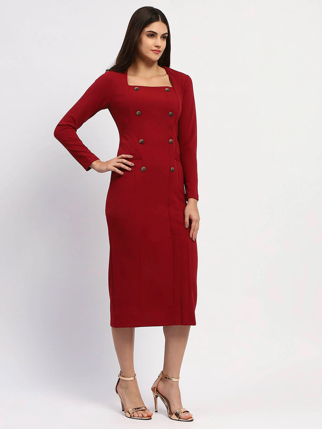 Madame Red Double-Breasted Detailing Long Dress - Image 3