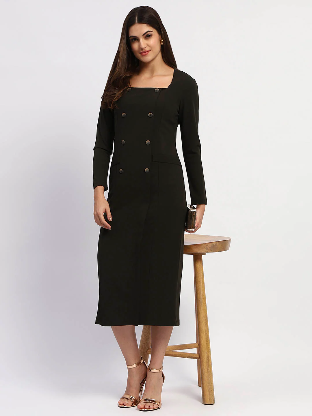Madame Olive Green Double-Breasted Detailing Long Dress