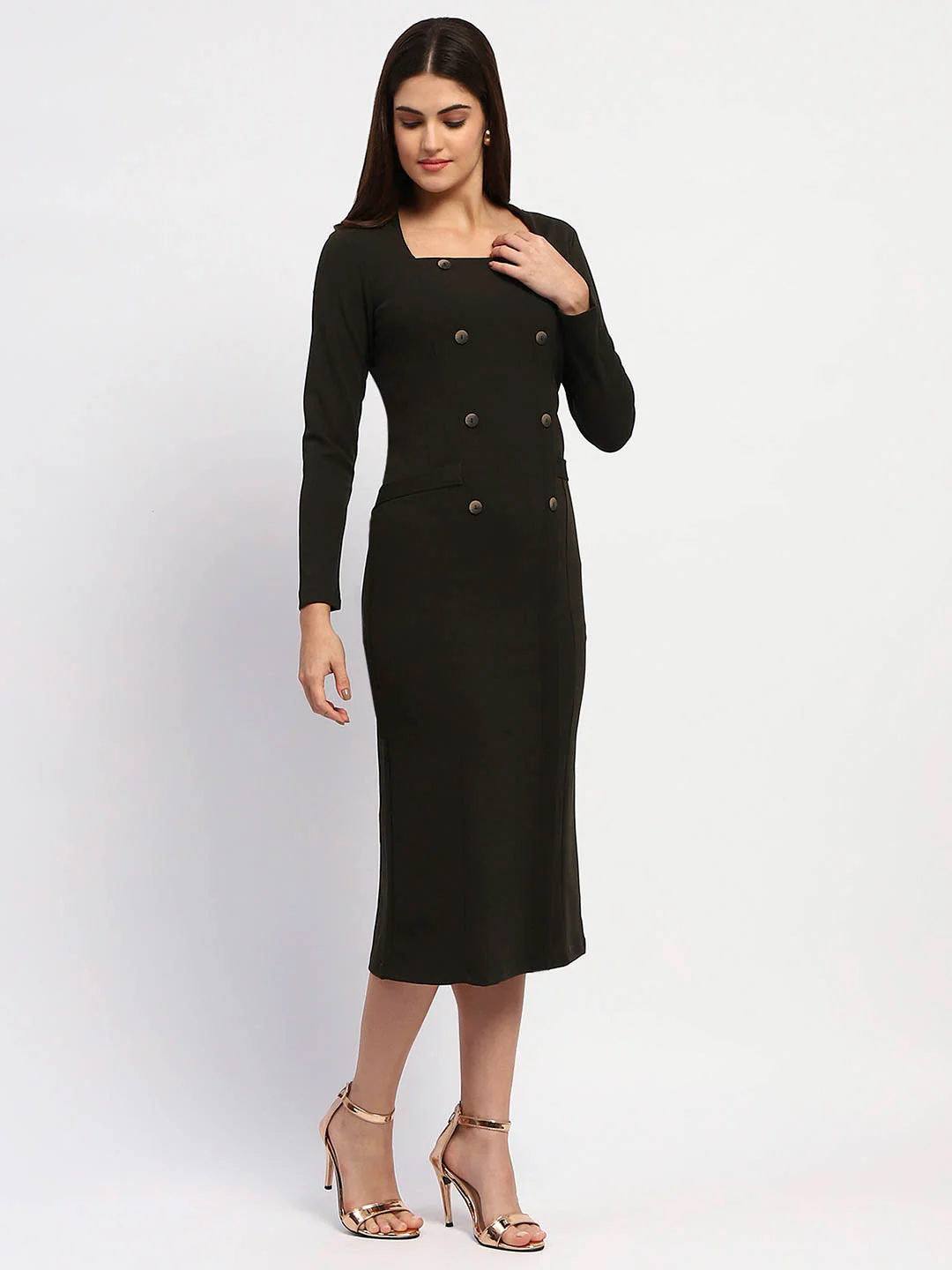 Madame Olive Green Double-Breasted Detailing Long Dress - Image 3