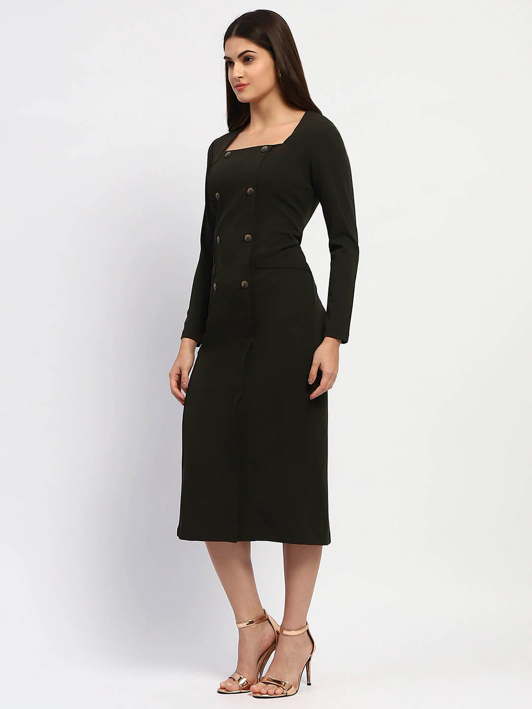 Madame Olive Green Double-Breasted Detailing Long Dress - Image 4