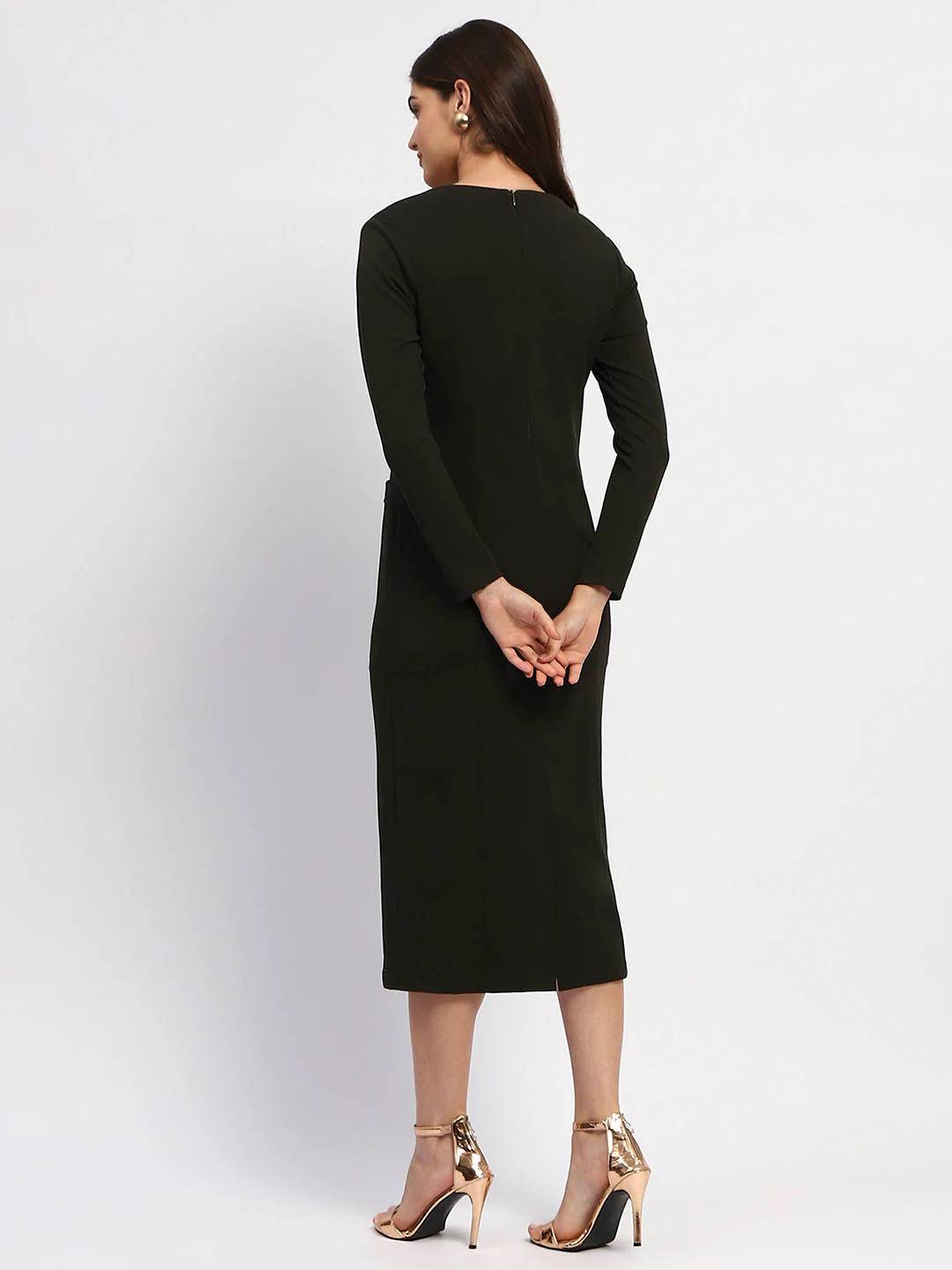 Madame Olive Green Double-Breasted Detailing Long Dress - Image 5