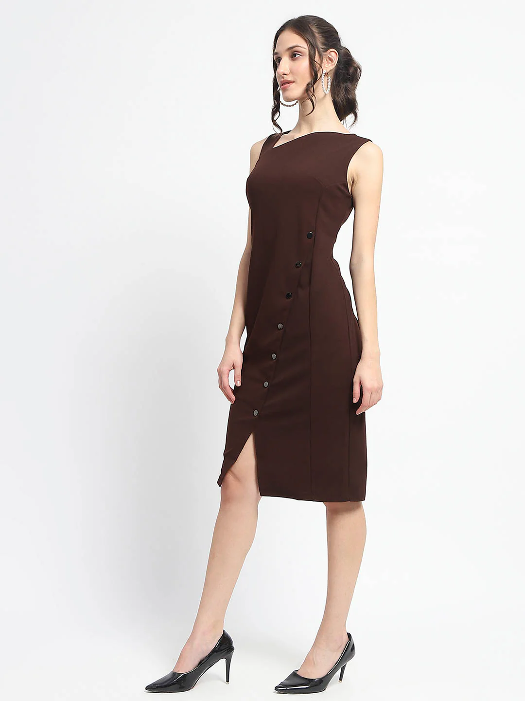 Madame Button Detailed Chocolate Brown Bodycon Knit Dress - Image 5