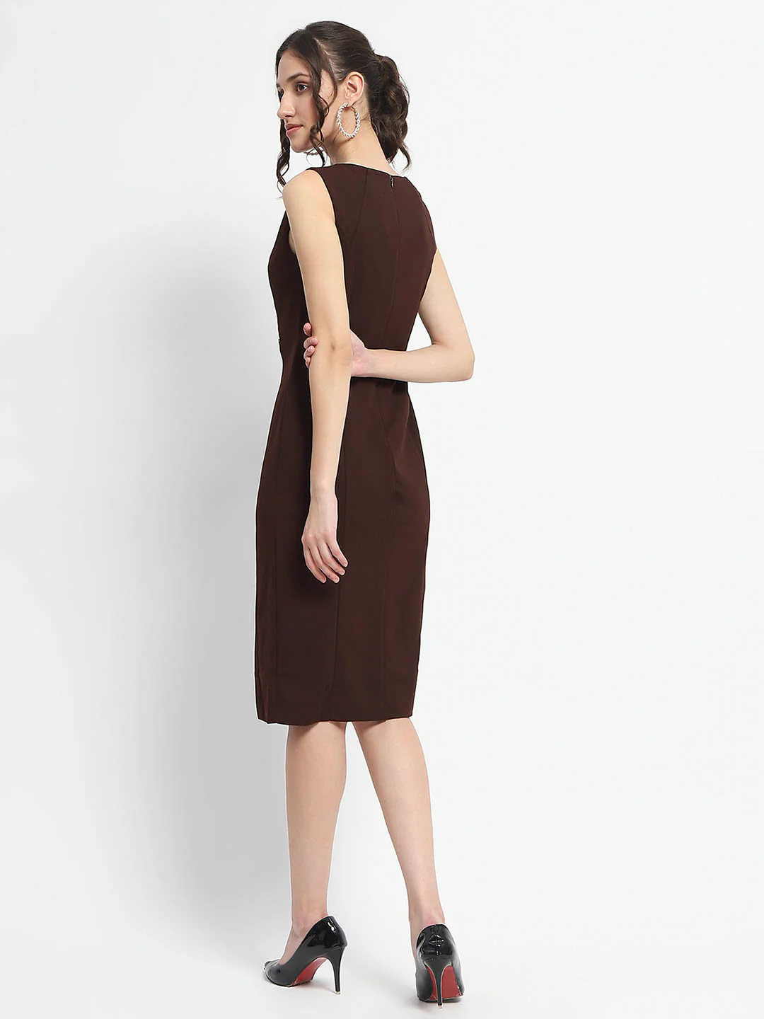 Madame Button Detailed Chocolate Brown Bodycon Knit Dress - Image 6