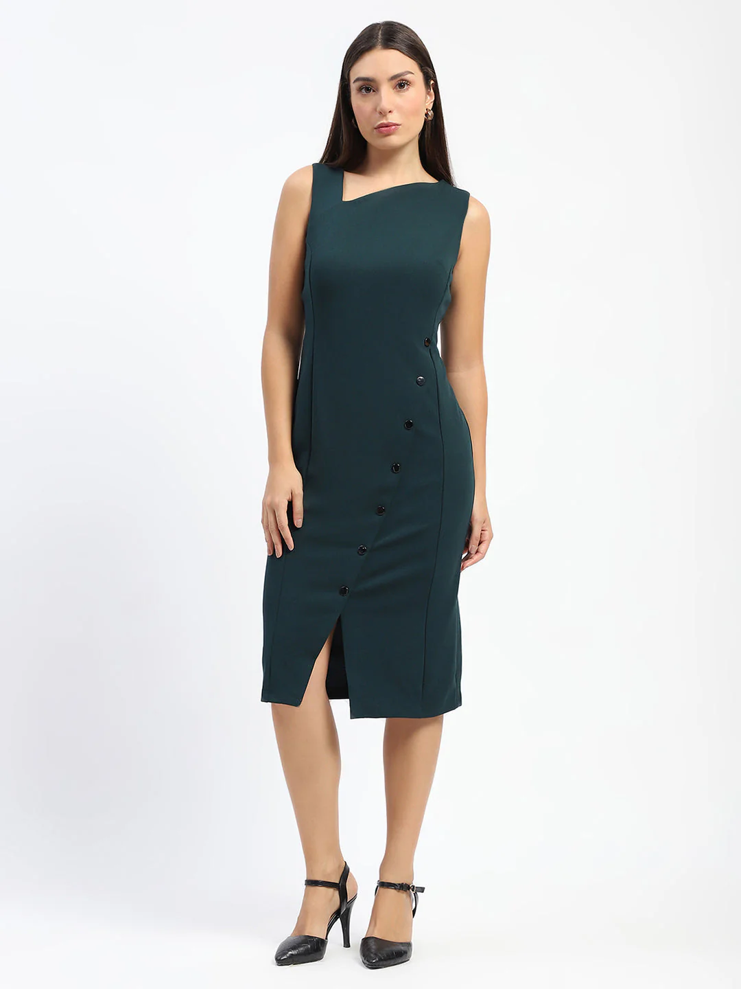 Madame Button Accented Asymmetrical Neck Teal Midi Dress - Image 3