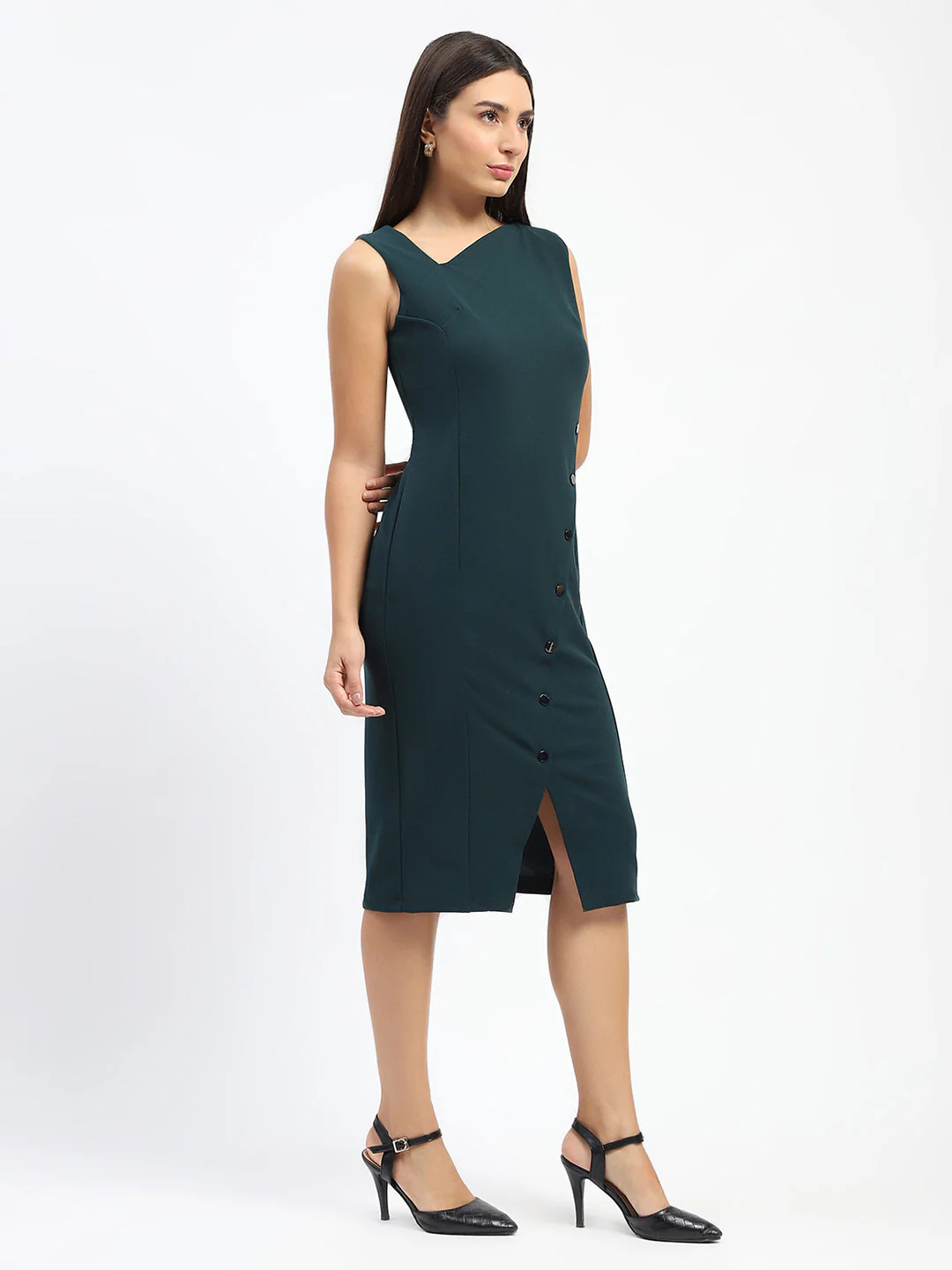 Madame Button Accented Asymmetrical Neck Teal Midi Dress - Image 4