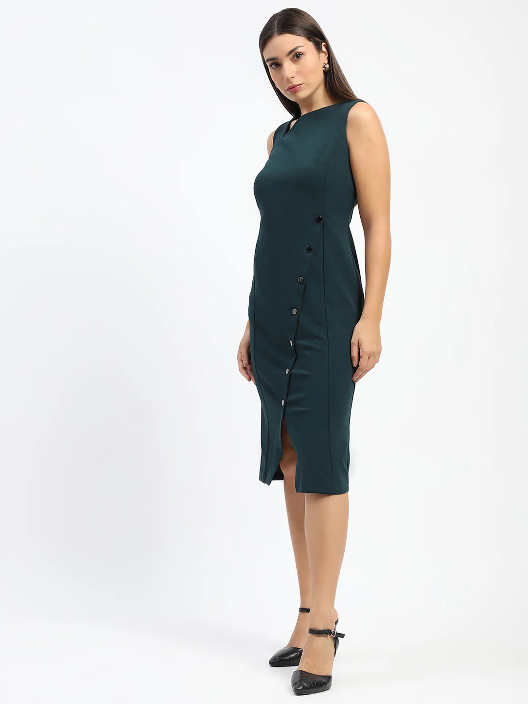 Madame Button Accented Asymmetrical Neck Teal Midi Dress - Image 5