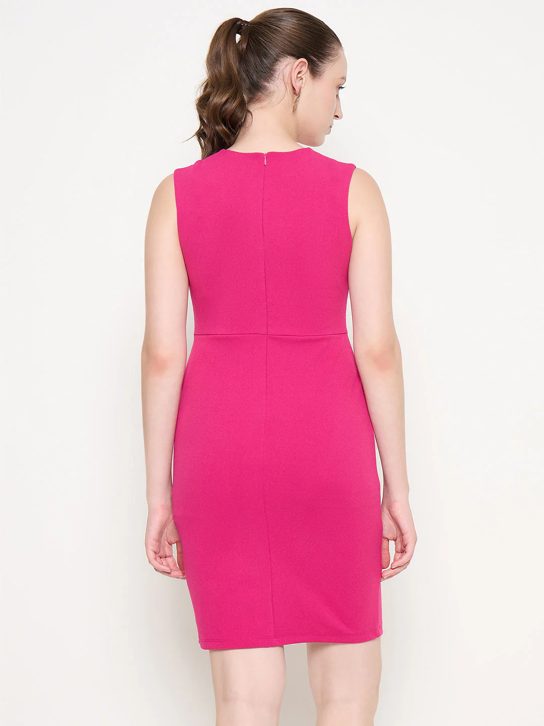 Madame Cut Detailed Sleeveless Solid Hot Pink Mini Dress - Image 5