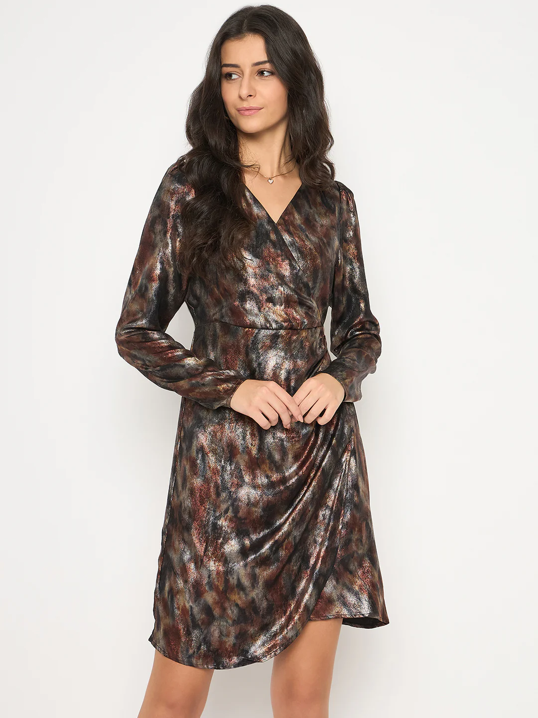 Madame Front Pleated Metallic Rust Floral Print Wrap Dress - Image 3