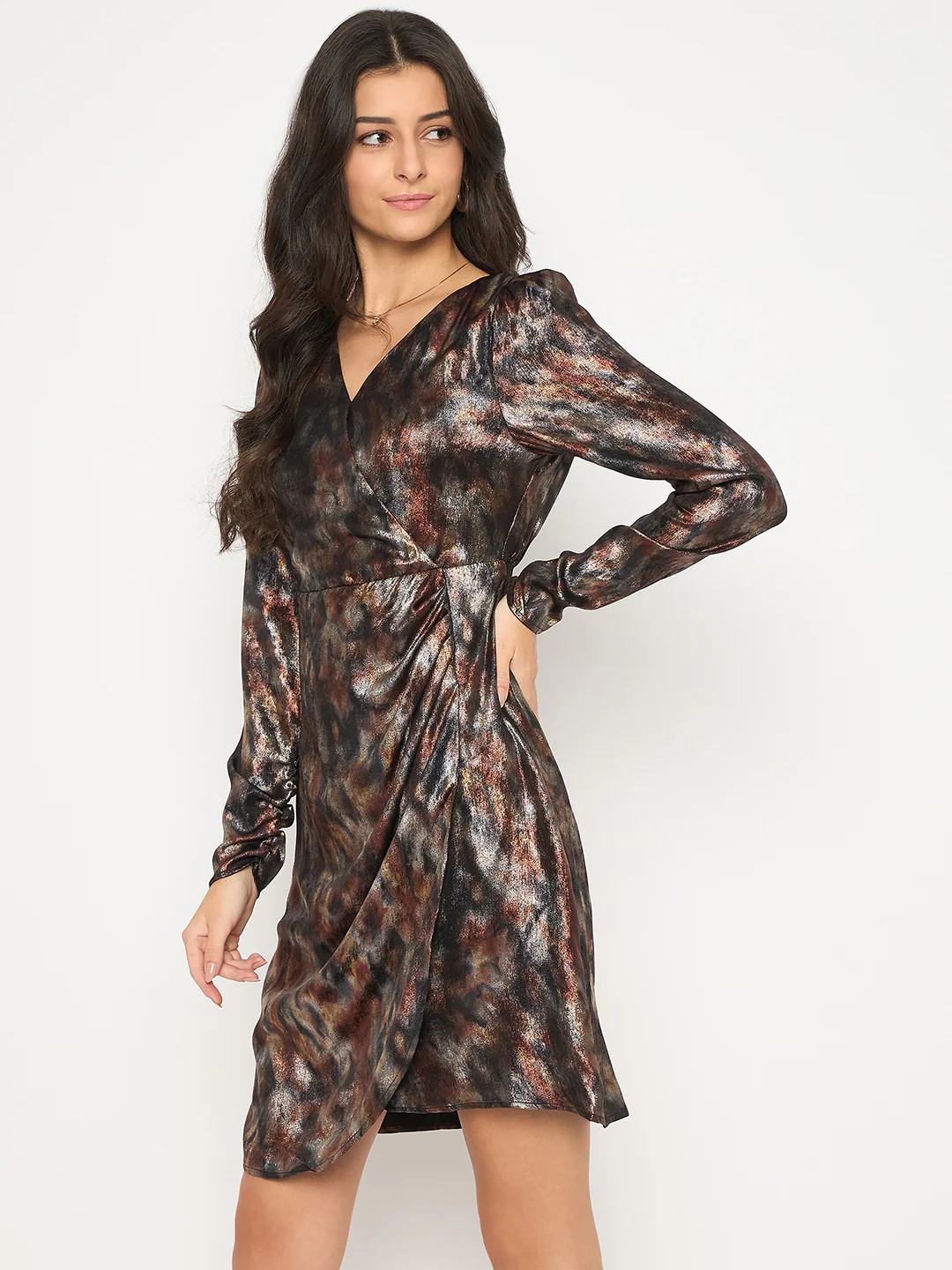 Madame Front Pleated Metallic Rust Floral Print Wrap Dress - Image 5