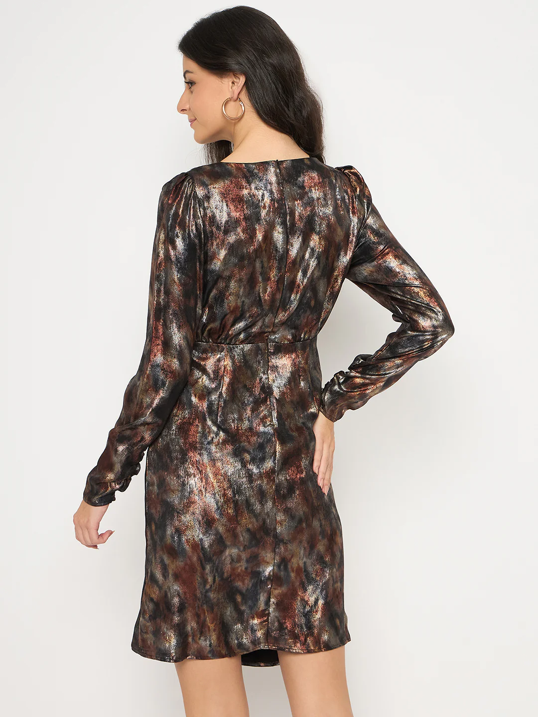 Madame Front Pleated Metallic Rust Floral Print Wrap Dress - Image 6