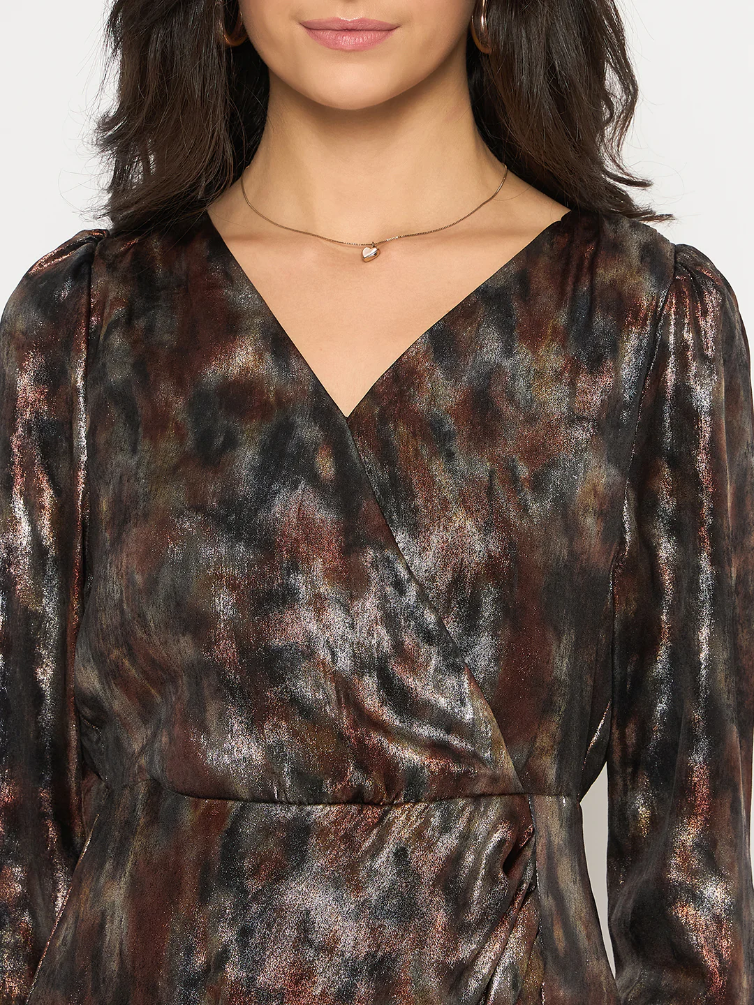 Madame Front Pleated Metallic Rust Floral Print Wrap Dress - Image 7