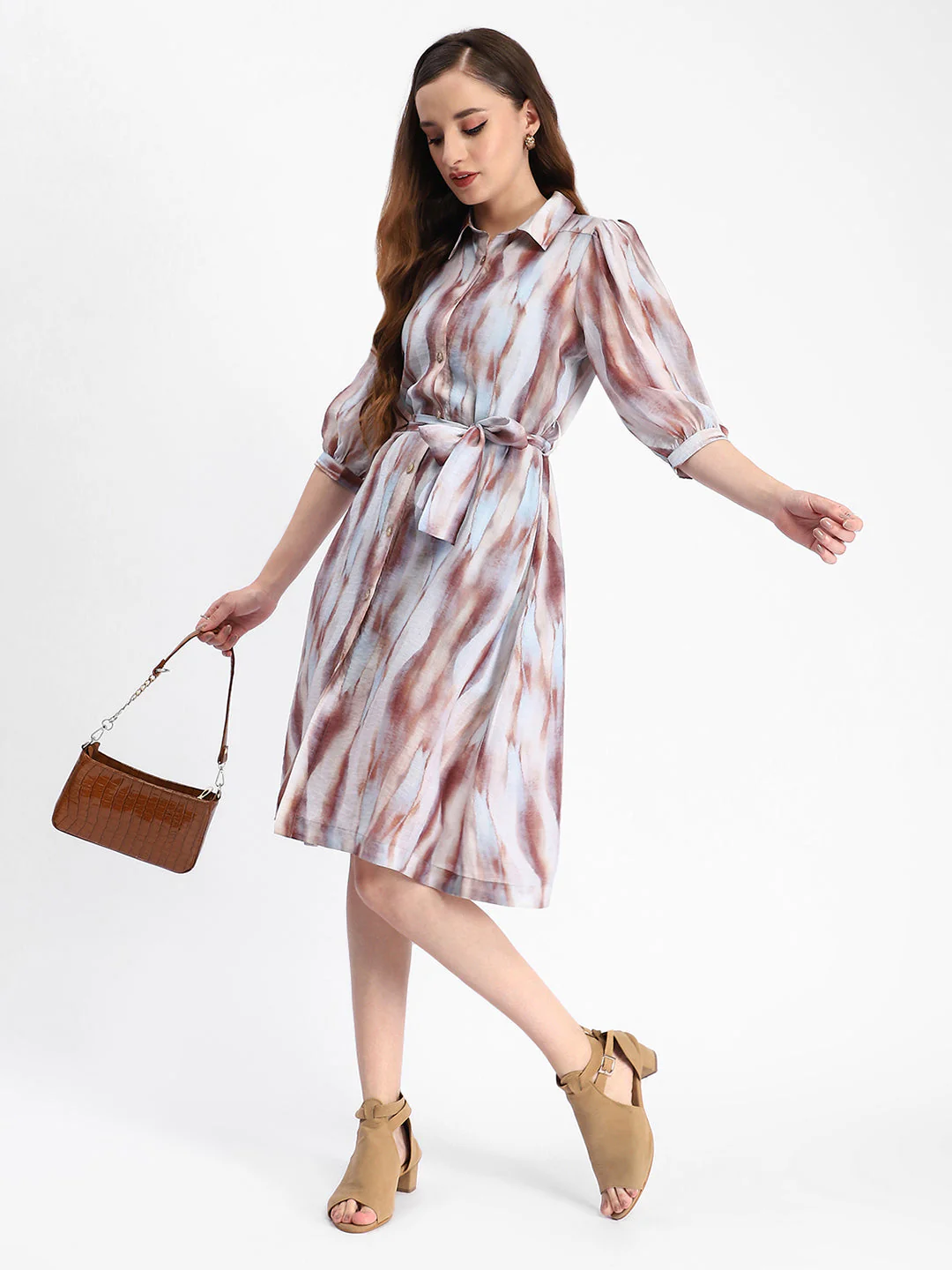 Madame Blue Abstract Print Belted A Line Midi Dress - Image 2