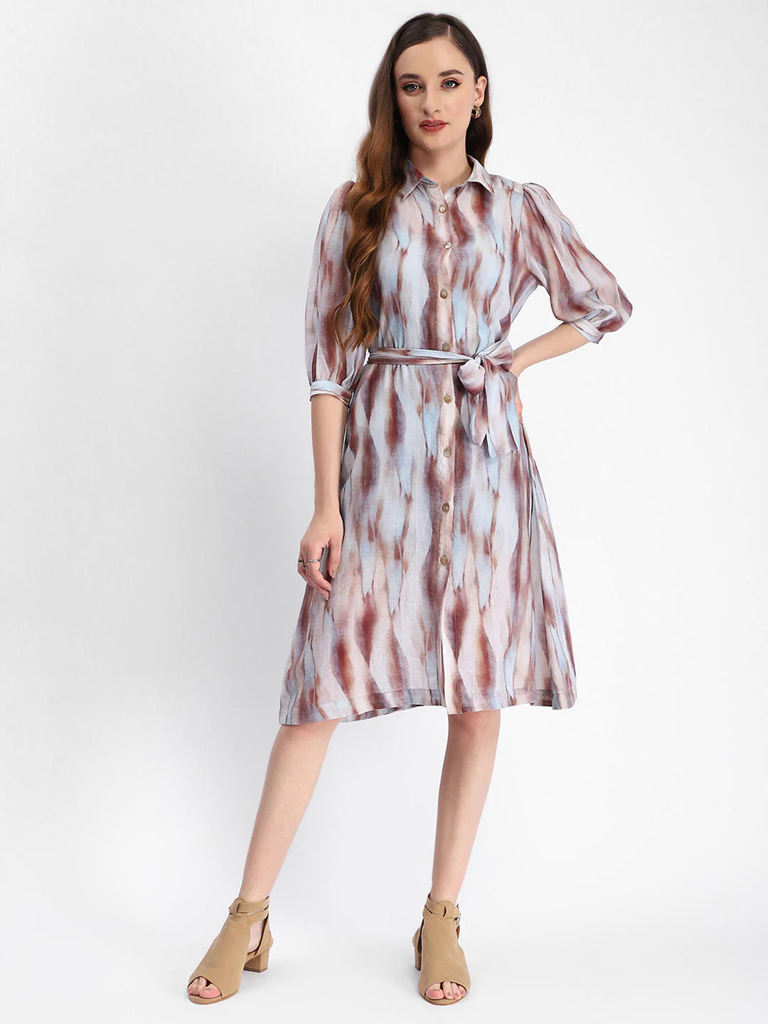 Madame Blue Abstract Print Belted A Line Midi Dress - Image 3