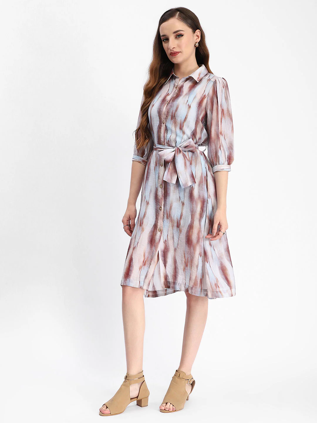 Madame Blue Abstract Print Belted A Line Midi Dress - Image 5