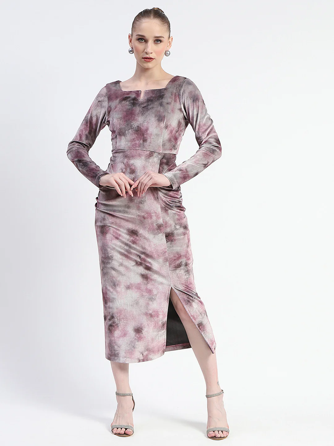 Madame Semi Sheer Side Slit Abstract Print Pink Dress