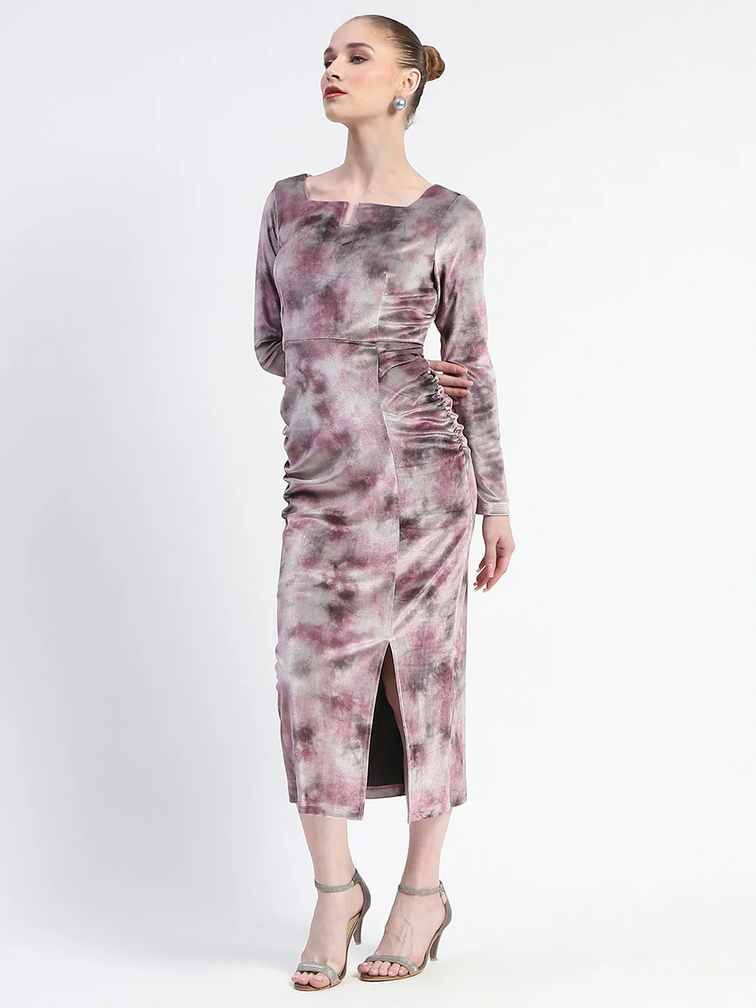 Madame Semi Sheer Side Slit Abstract Print Pink Dress - Image 4