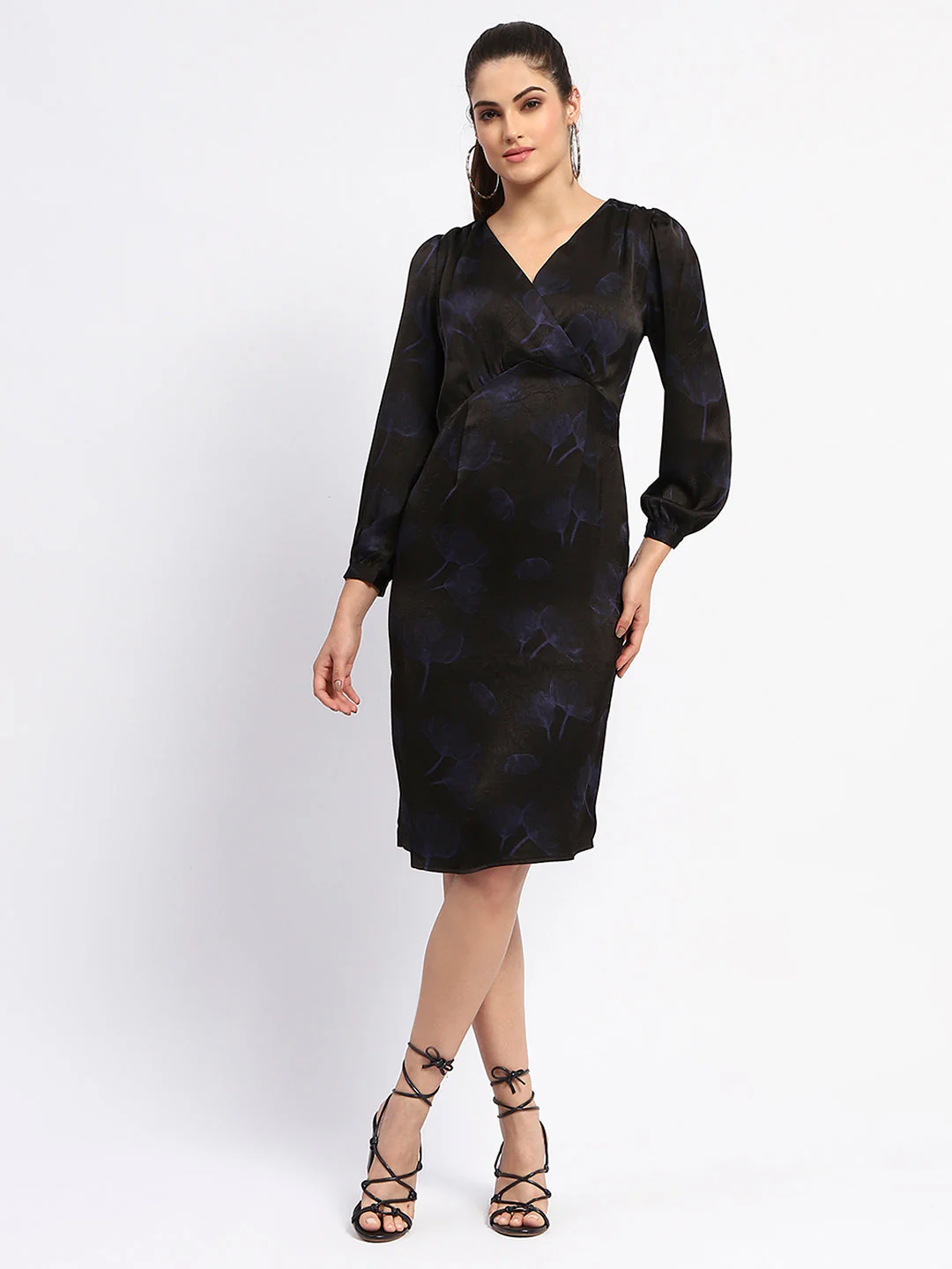 Madame Abstract Print Surplice Neck Black Midi Dress - Image 3