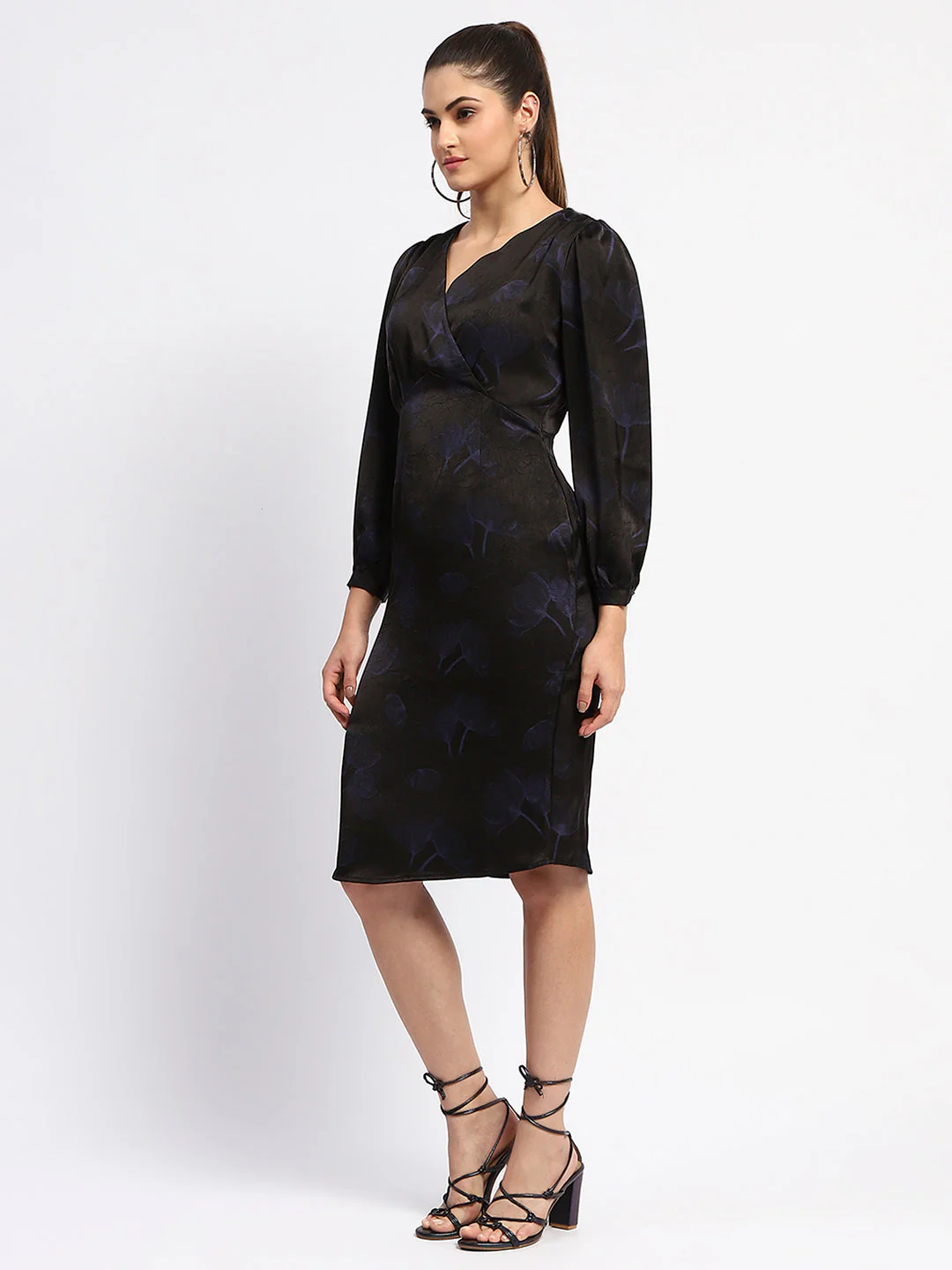 Madame Abstract Print Surplice Neck Black Midi Dress - Image 5