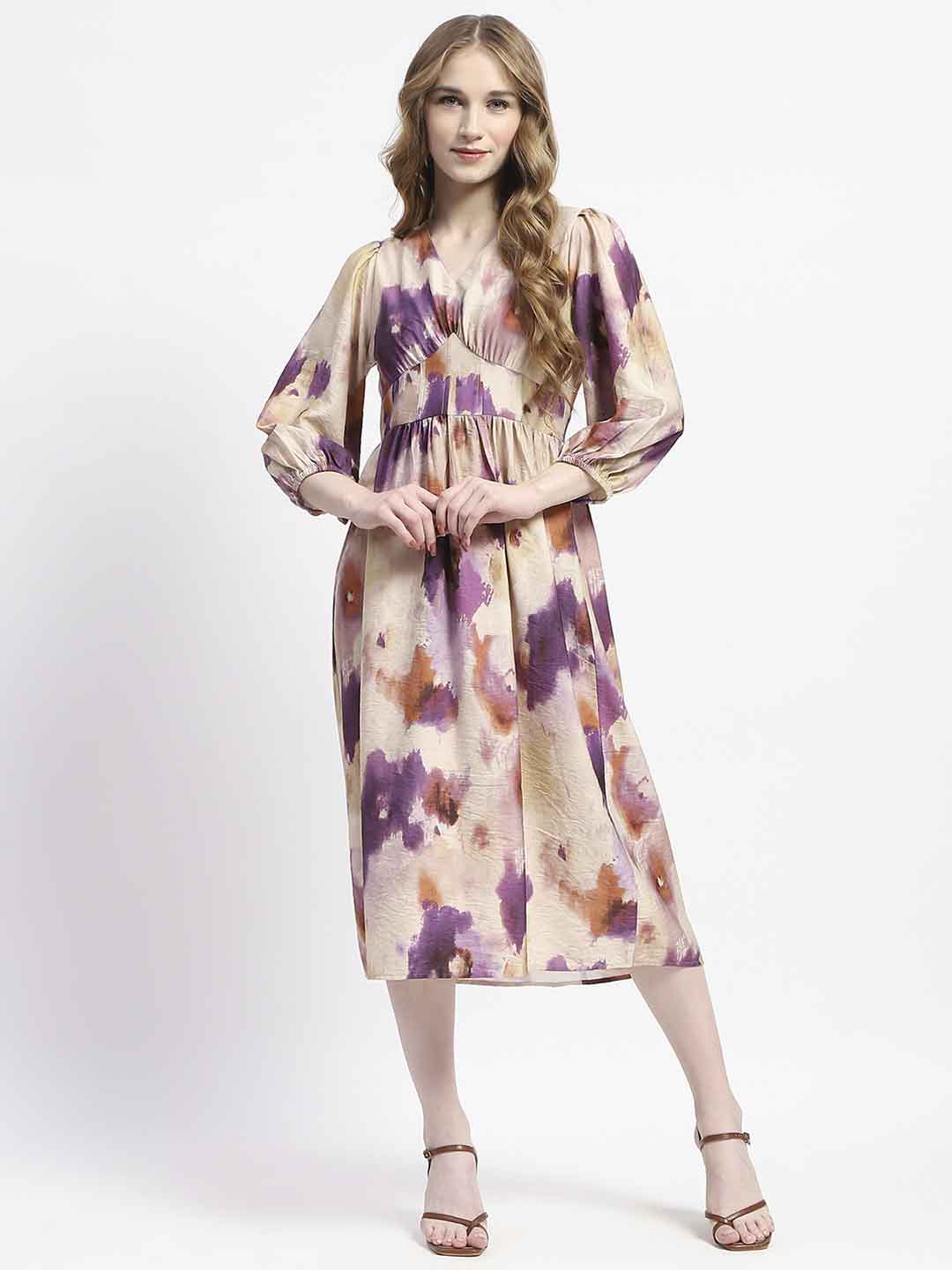 Madame Empire Waist Floral Print Beige Cotton Midi Dress - Image 2