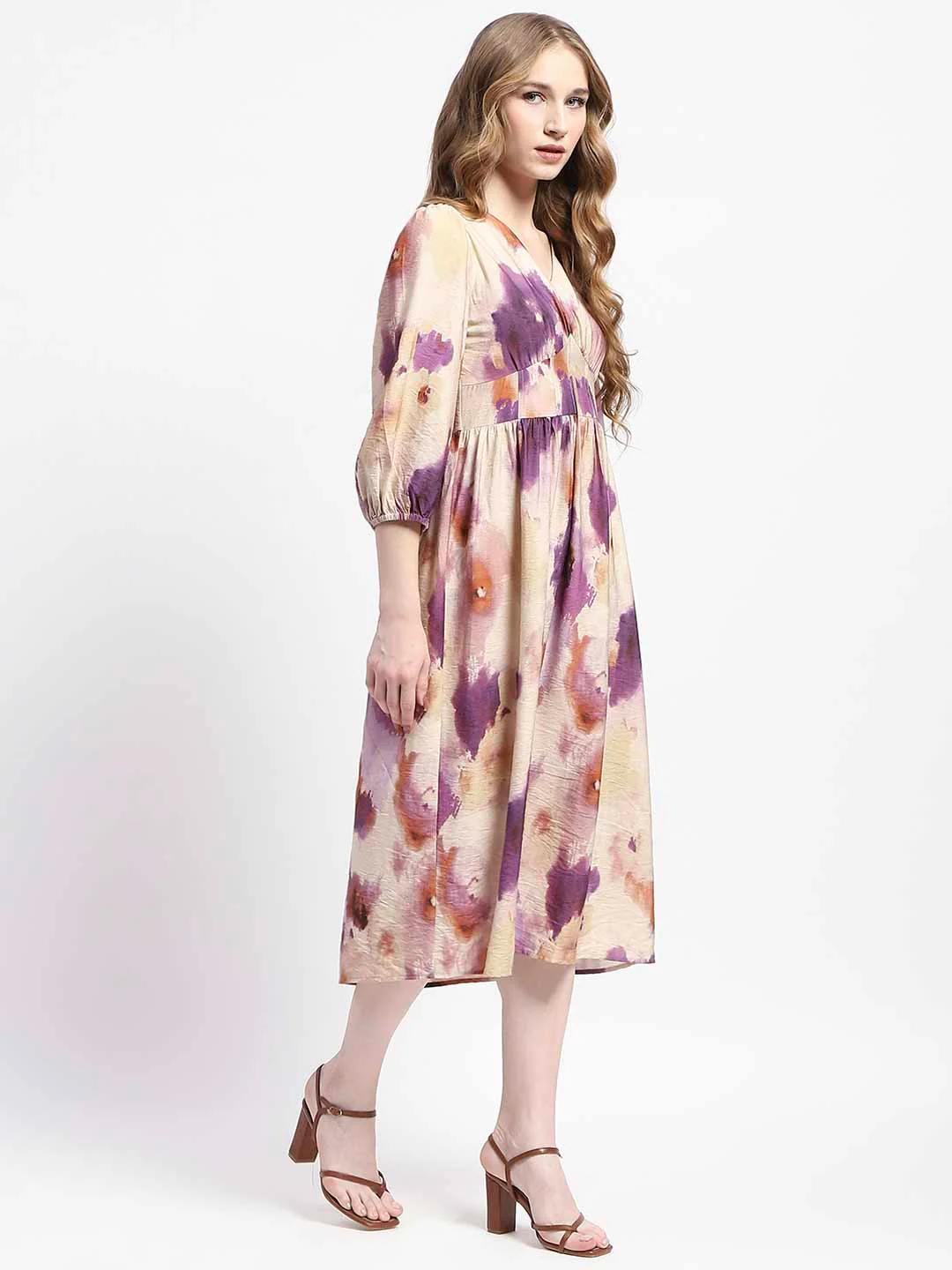 Madame Empire Waist Floral Print Beige Cotton Midi Dress - Image 3