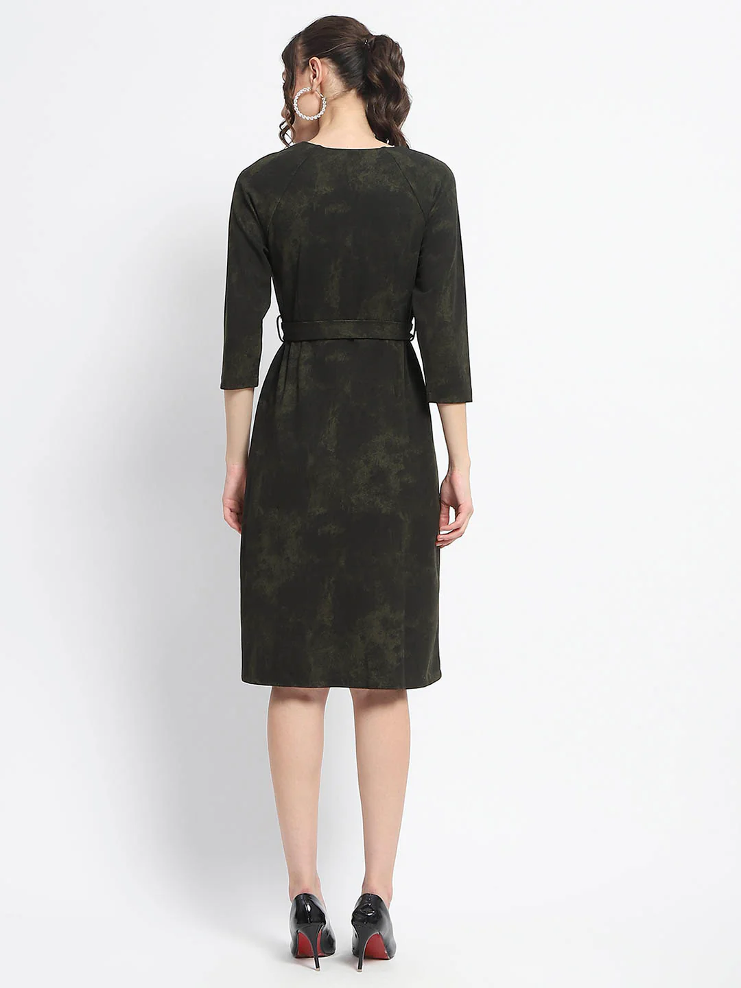 Madame Front Zip Detailed Printed Olive Midi Dress - Image 6
