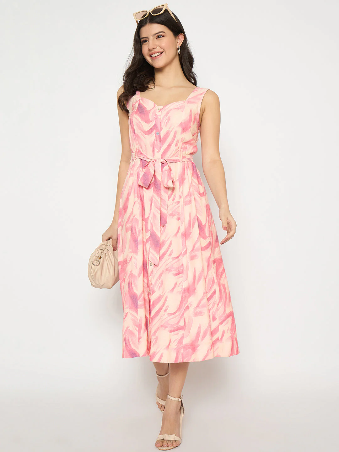 Madame Printed Sleeveless Pink Midi Dress