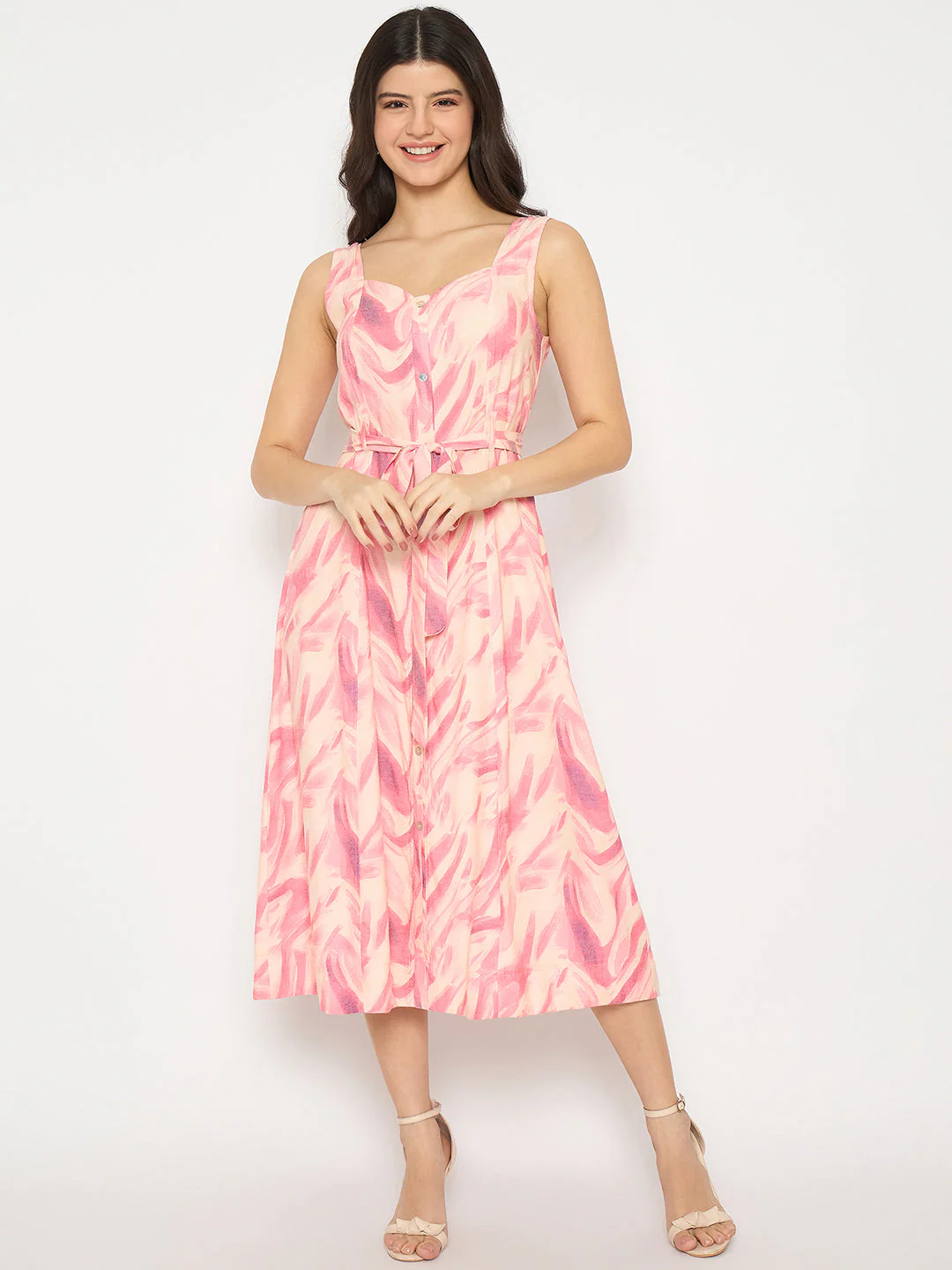 Madame Printed Sleeveless Pink Midi Dress - Image 3