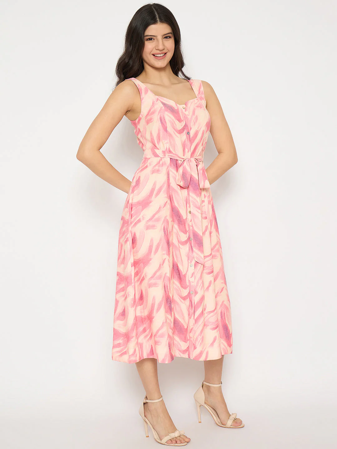 Madame Printed Sleeveless Pink Midi Dress - Image 4
