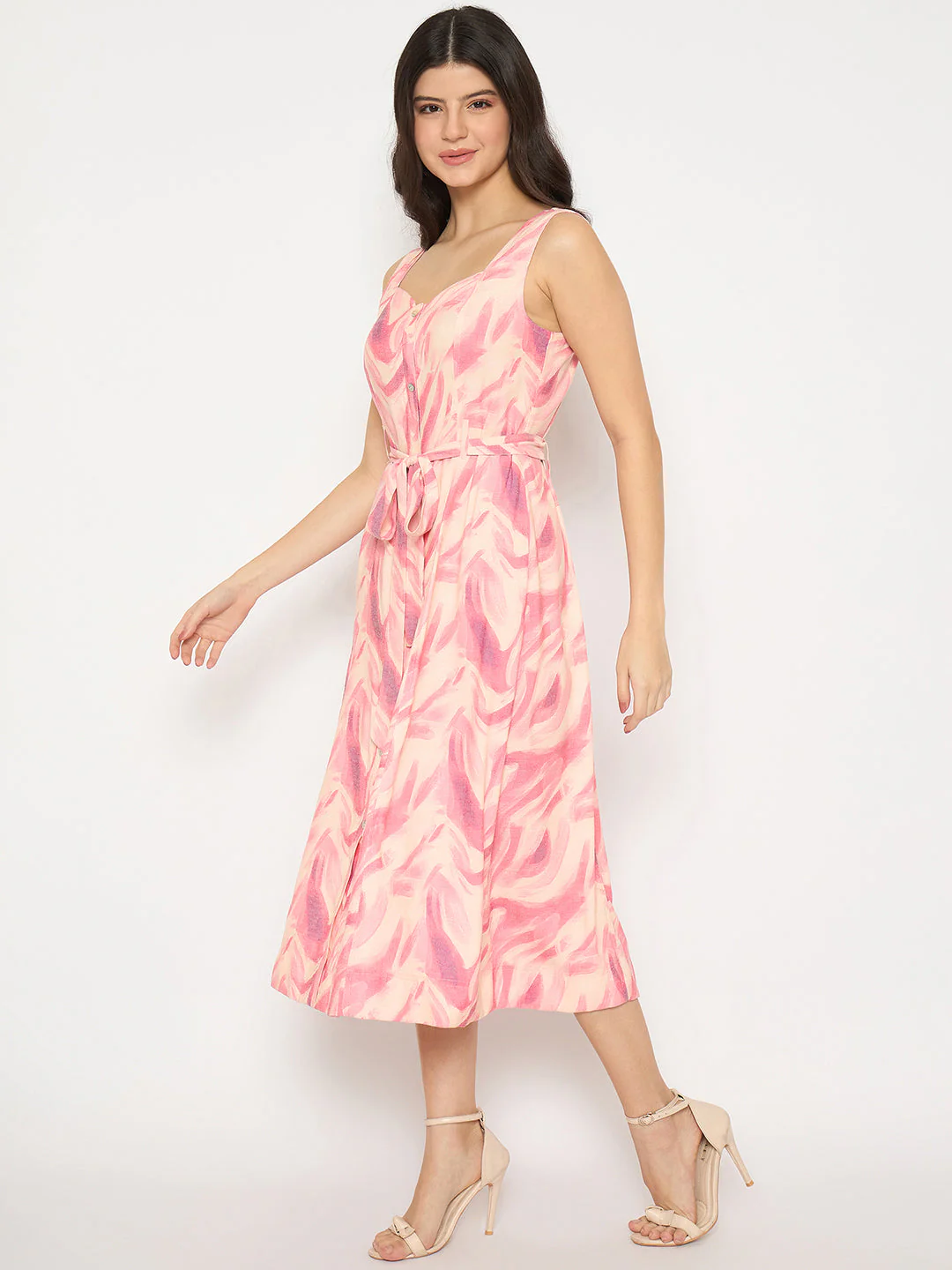 Madame Printed Sleeveless Pink Midi Dress - Image 5