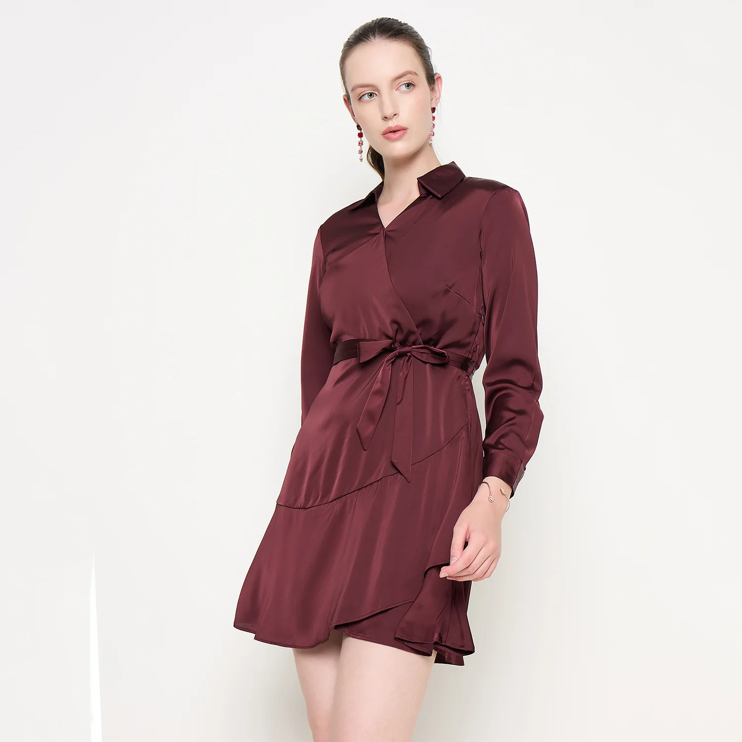 Madame Fabric Belted Cuff Sleeve Solid Chocolate Brown Satin Short Dress - Image 2