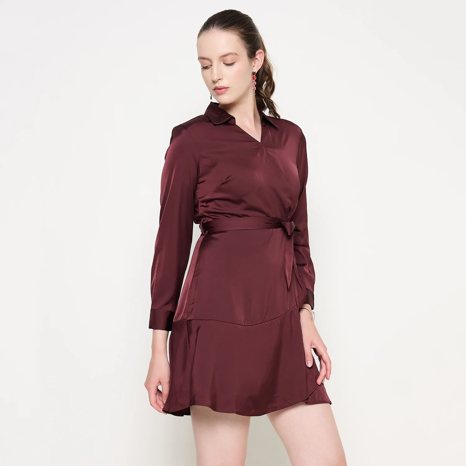 Madame Fabric Belted Cuff Sleeve Solid Chocolate Brown Satin Short Dress - Image 3