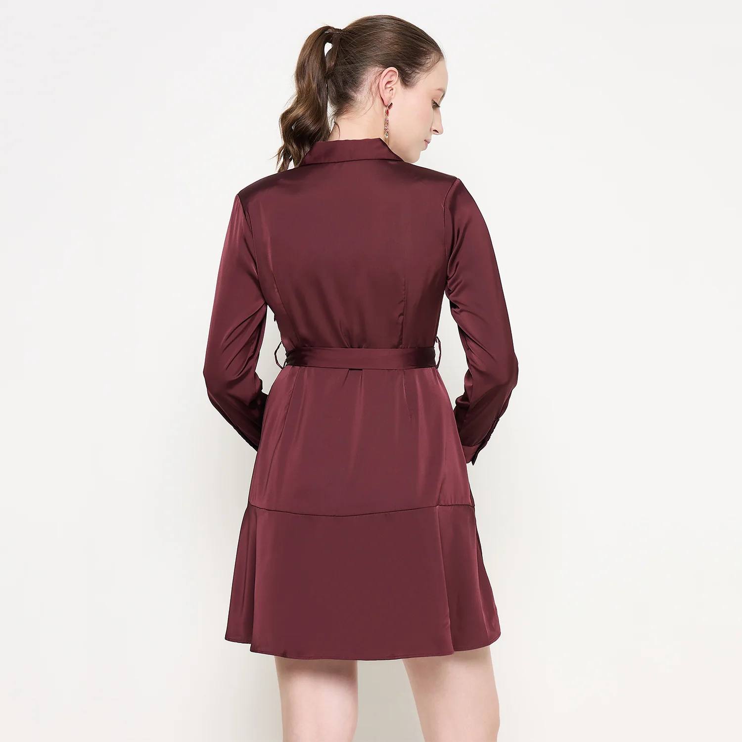 Madame Fabric Belted Cuff Sleeve Solid Chocolate Brown Satin Short Dress - Image 4