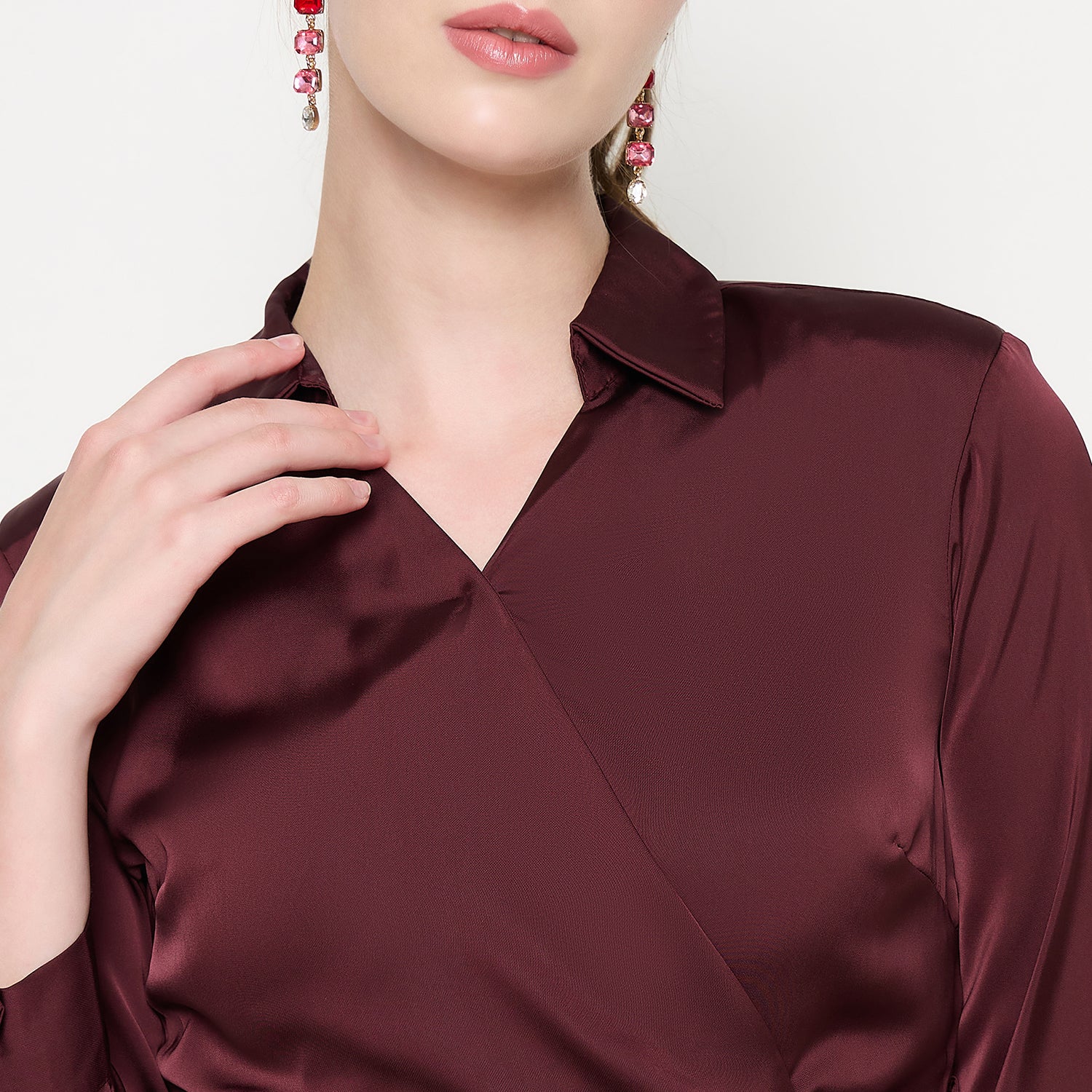 Madame Fabric Belted Cuff Sleeve Solid Chocolate Brown Satin Short Dress - Image 6