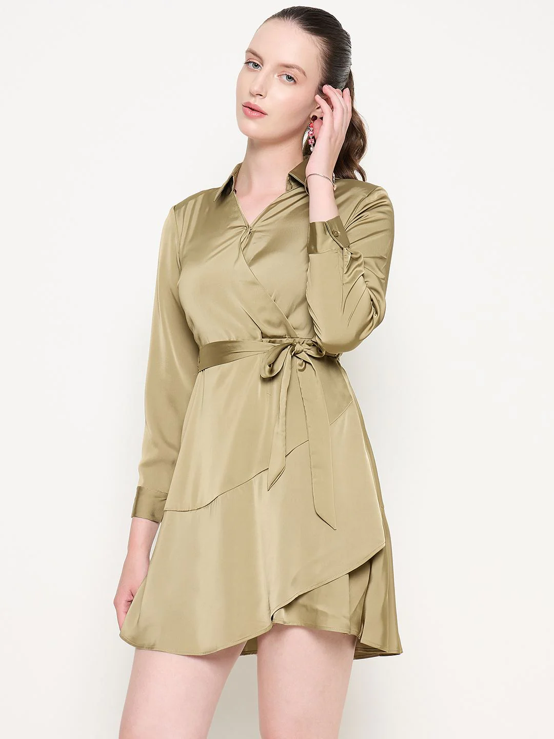 Madame Fabric Belted Cuff Sleeve Solid Green Satin Short Dress - Image 2