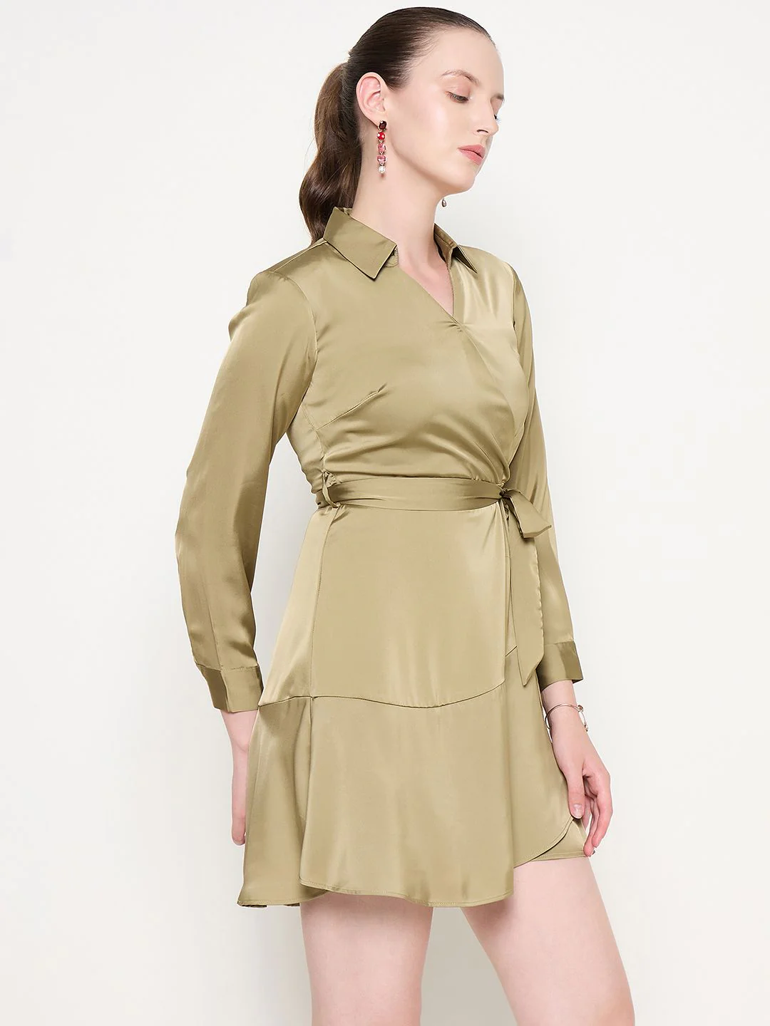 Madame Fabric Belted Cuff Sleeve Solid Green Satin Short Dress - Image 3