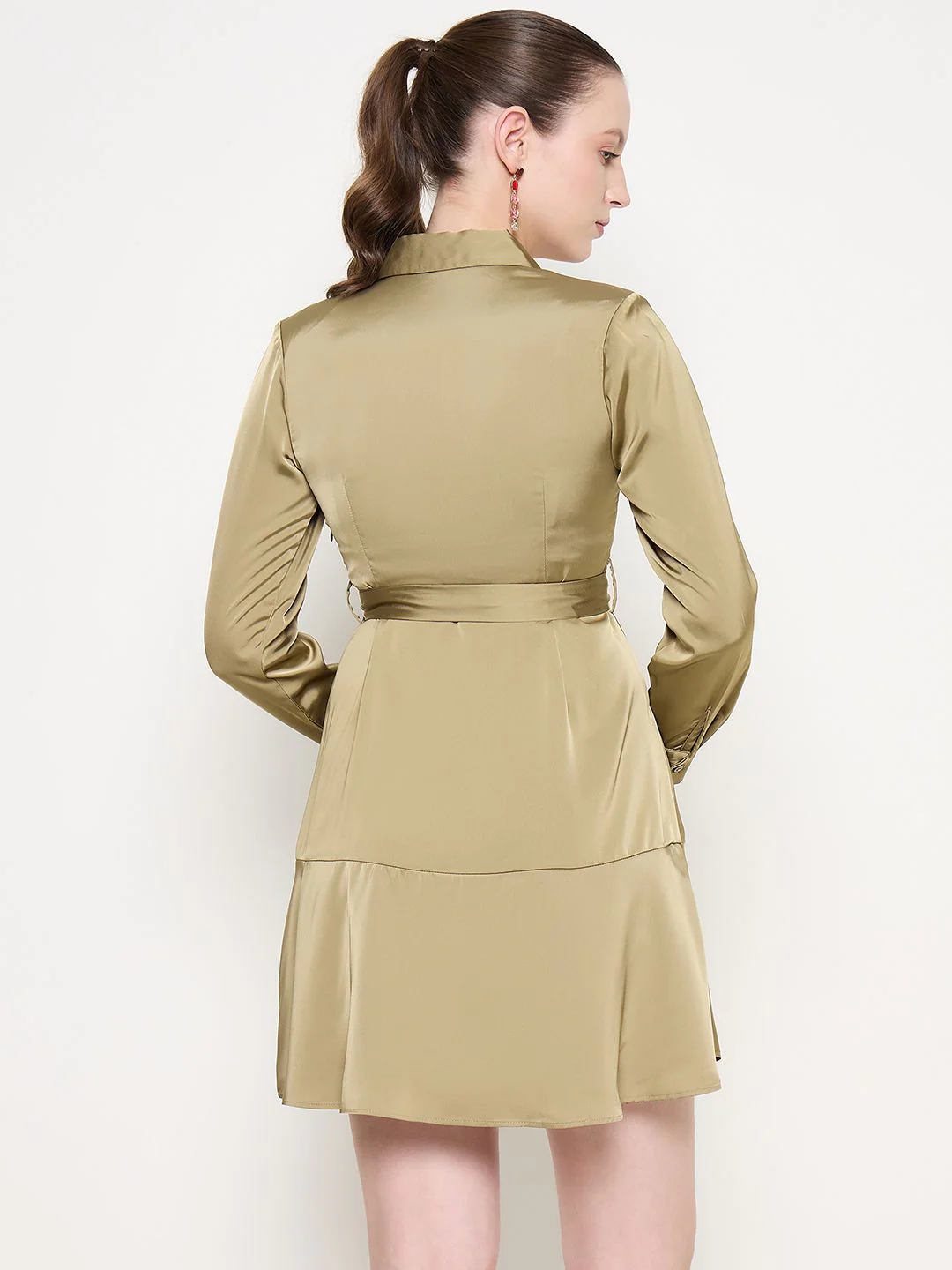 Madame Fabric Belted Cuff Sleeve Solid Green Satin Short Dress - Image 4